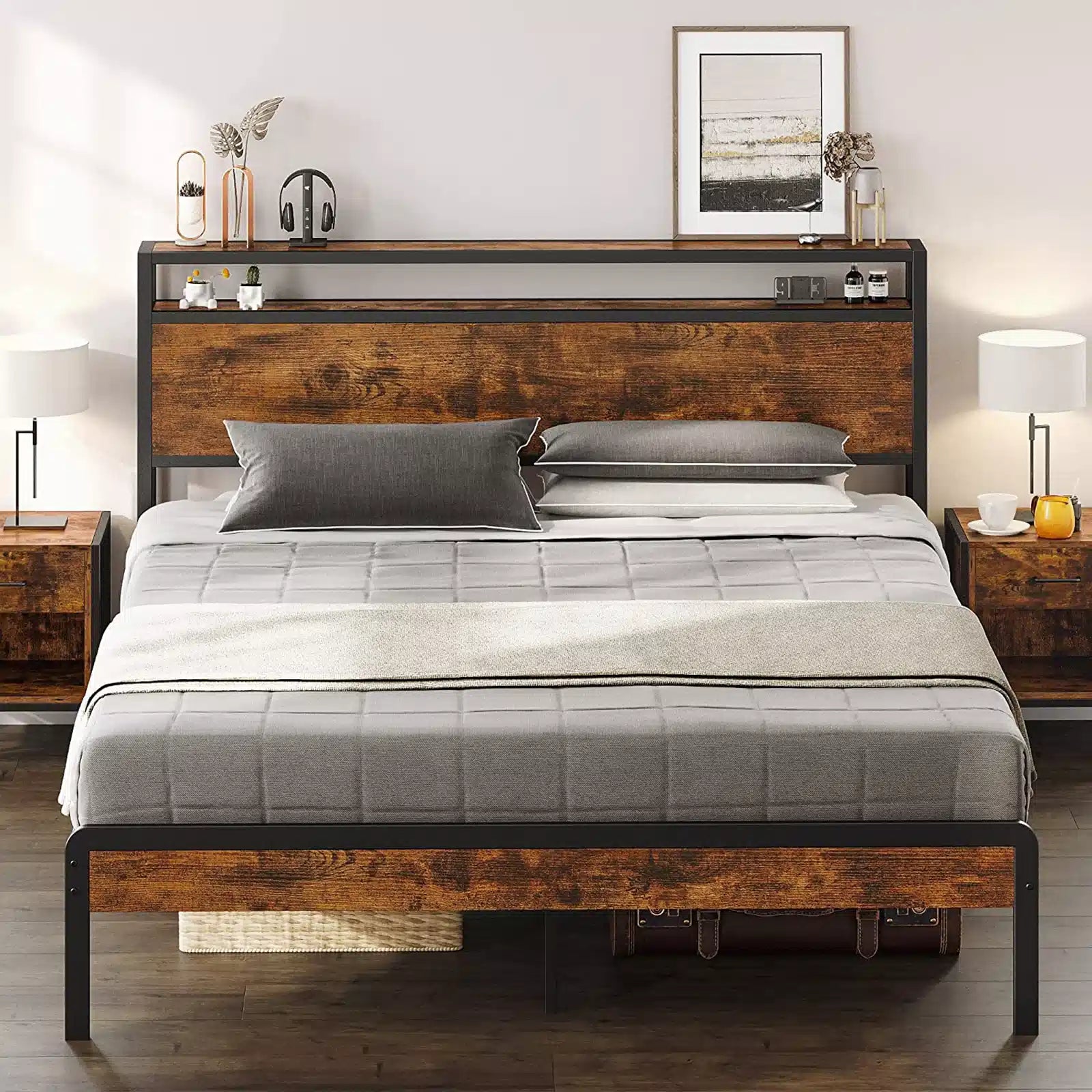 Platform Bed with 2-Tier Storage Headboard, Solid and Stable, Noise Free, No Box Spring Needed, Easy Assembly