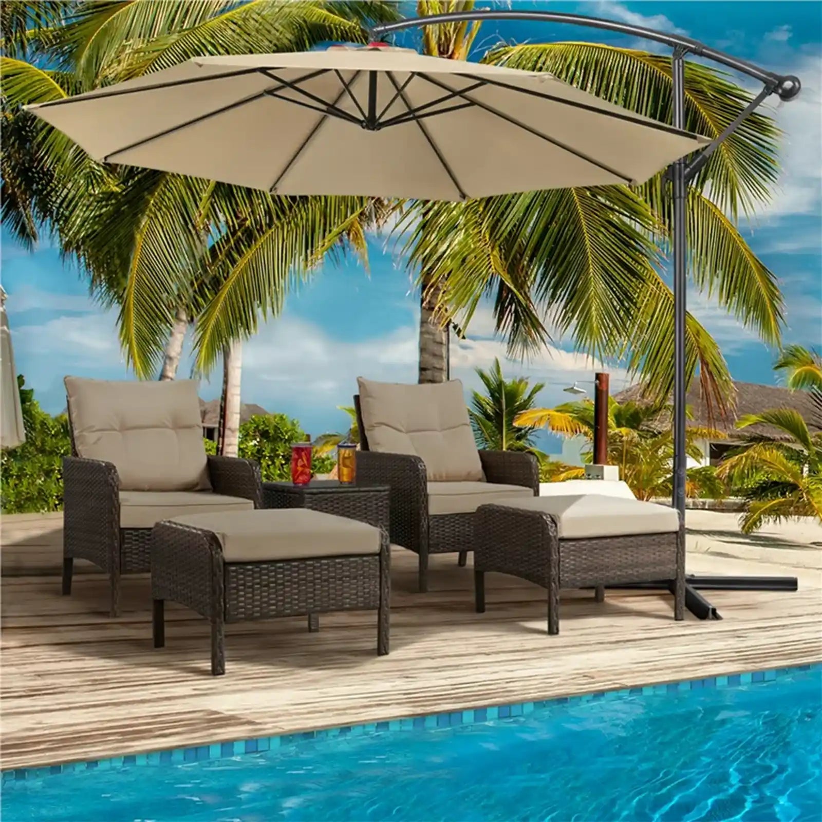 5-Piece Outdoor Rattan Patio Set with End Table, Brown with Beige Cushions