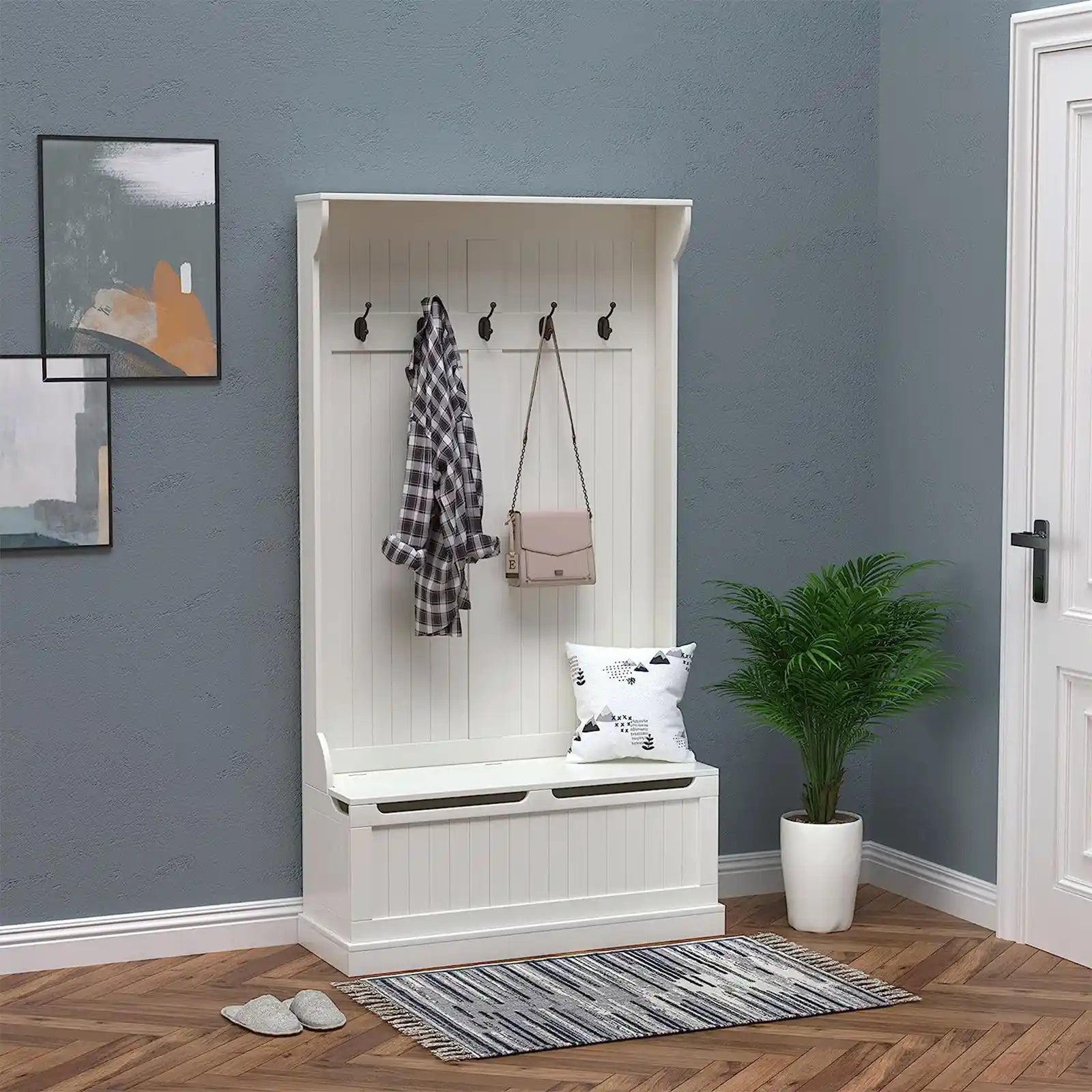 Hall Tree Storage Bench and Coat Rack with 5 Steel Double Hooks, and Anti-Topple Anchor for Entryway, Cream White