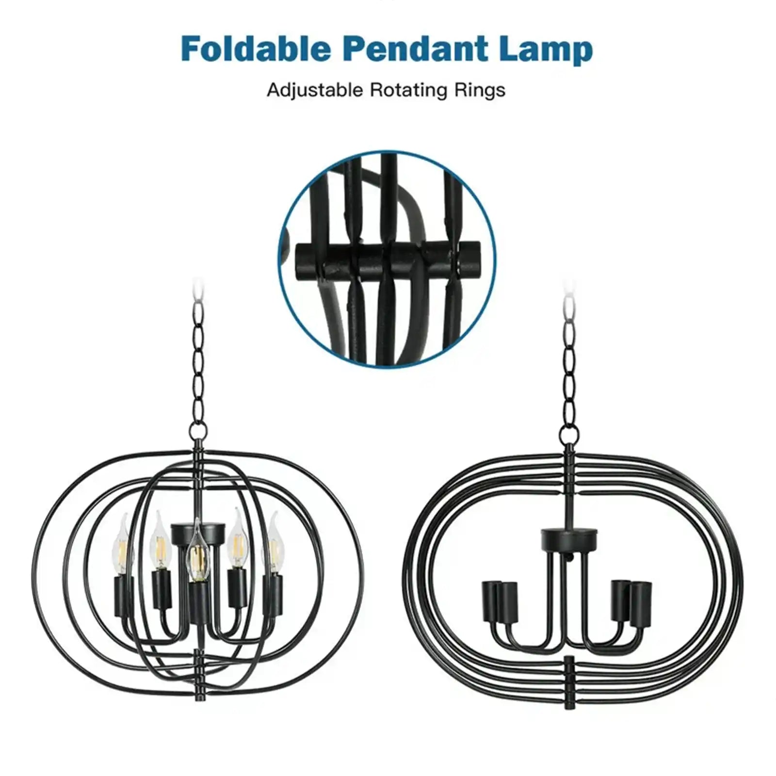 Lámpara colgante de metal de 16 pulgadas y 5 luces con anillos entrelazados pivotantes de cadena de hierro