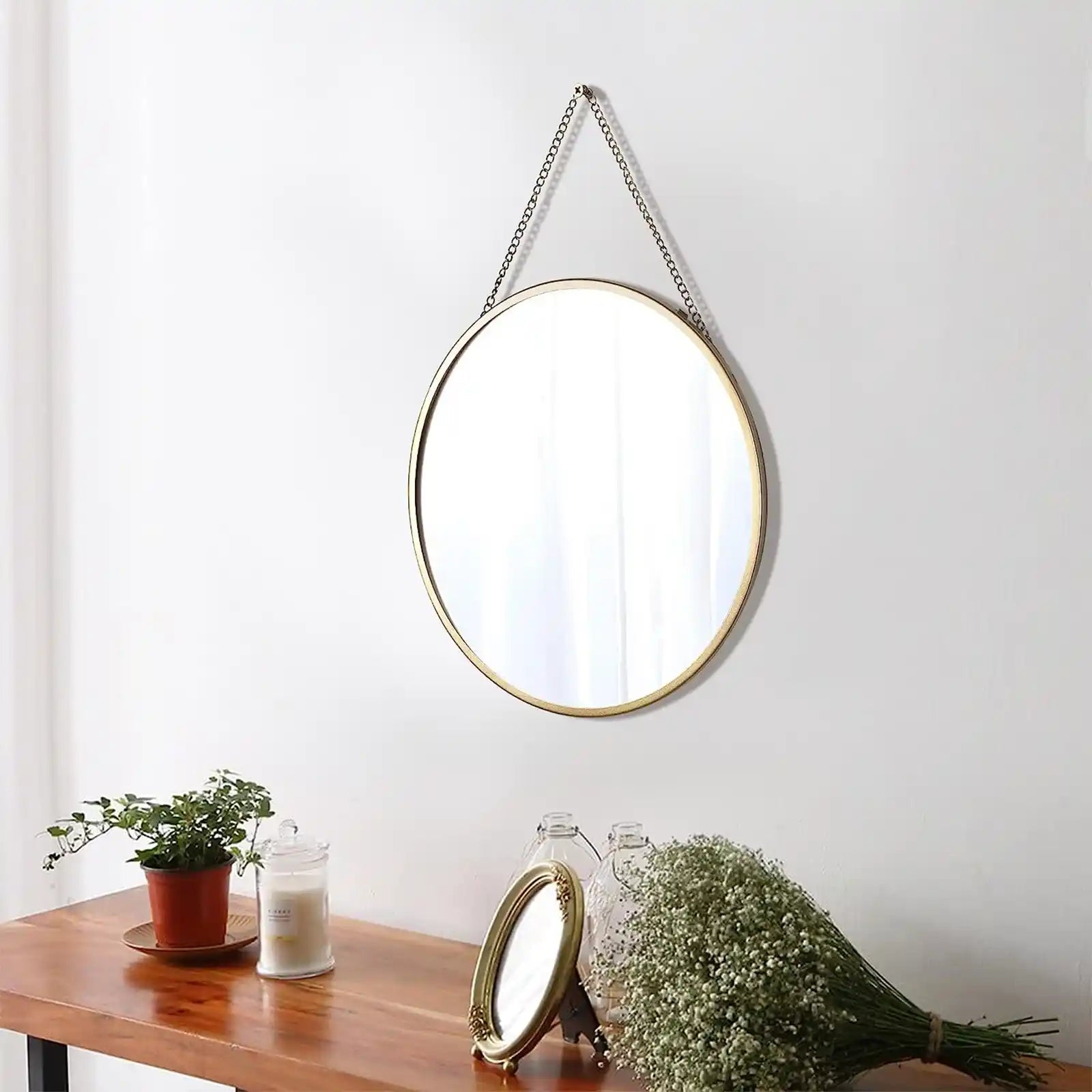 Hanging Circle Mirror Wall Decor Gold Round Mirror with Hanging Chain for Bathroom, Bedroom, Vanity, Living Room, Entryway