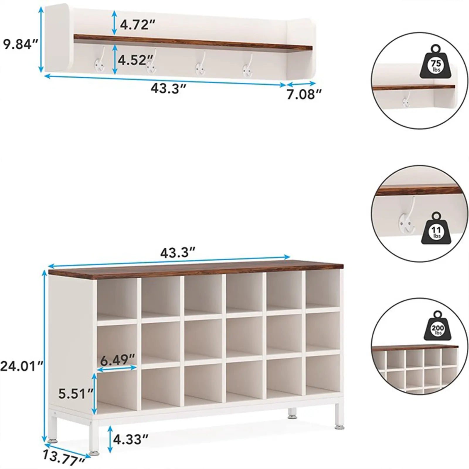 Coat Rack Shoe Bench Set, Hall Tree with Bench and 18 Shoe Cubbies, White Shoe Rack Bench with Coat Hooks and Storage Shelf for Entryway, Bedroom, Closet