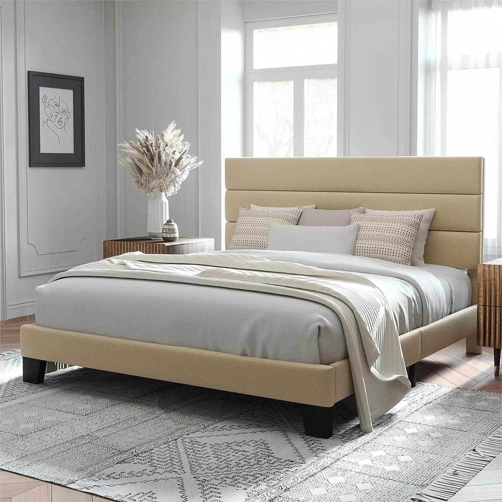 Fabric Upholstered Platform Bed Frame with Headboard