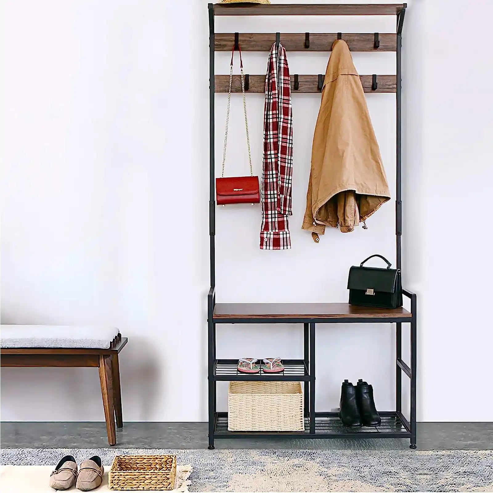 Coat Rack Shoe Bench, Hall Tree Entryway Storage Bench, Wood Look Accent Furniture with Metal Frame, 3-in-1 Design