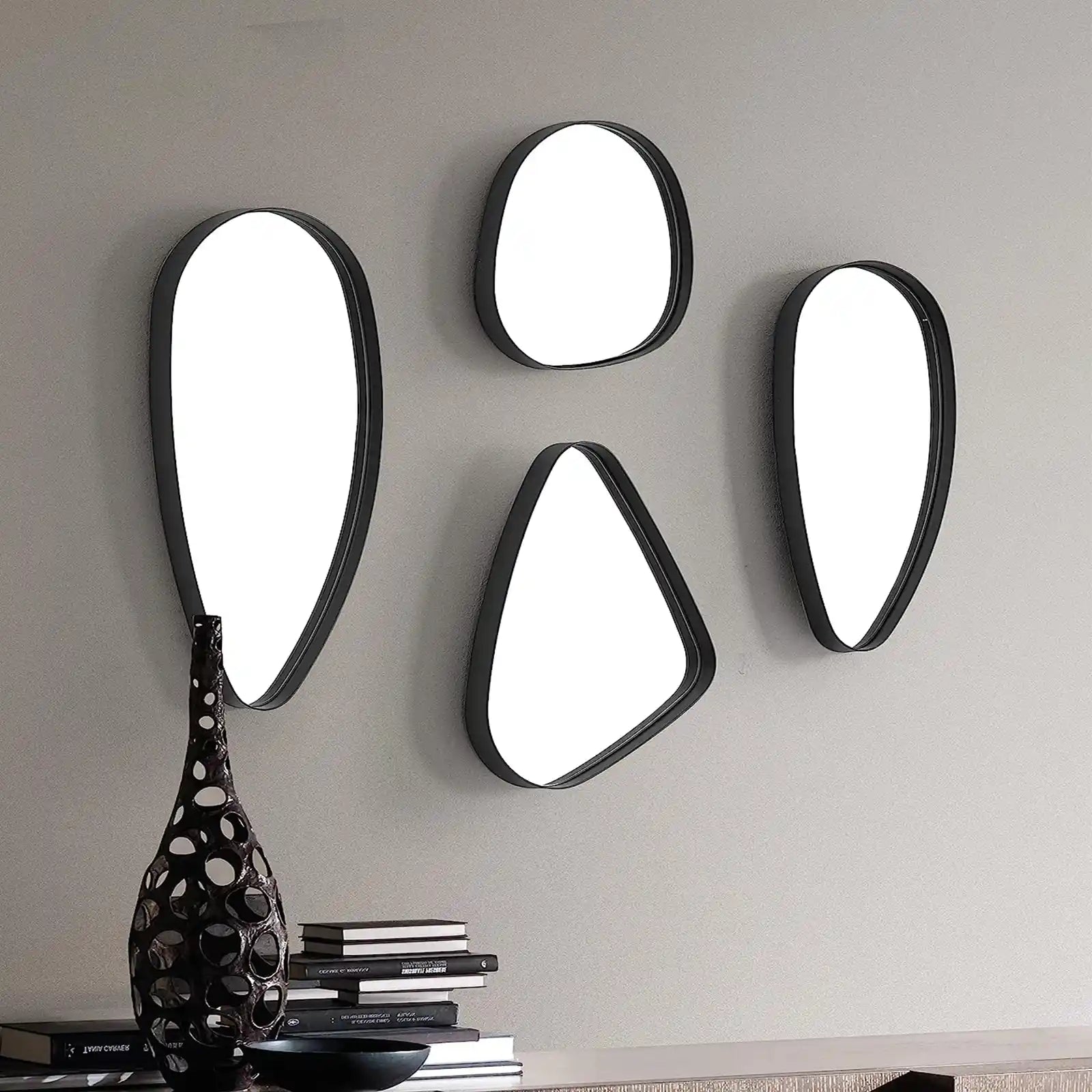 Juego de espejos de pared irregulares, juego de espejos asimétricos con marco de acero, juego de 4 espejos de guijarros, decoración de pared para sala de estar, dormitorio, baño, entrada, pasillo