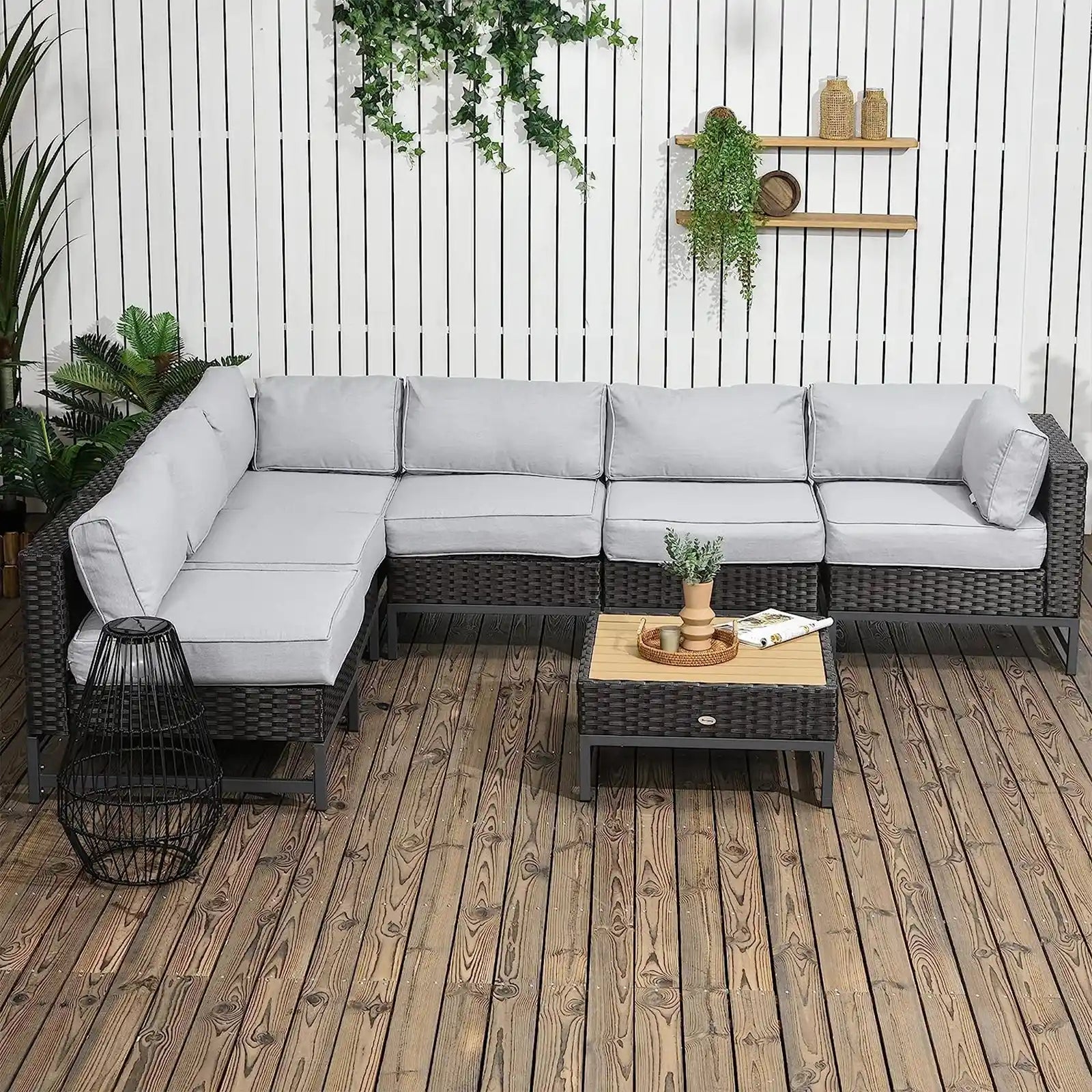 7 Piece Outdoor Patio Furniture Set with 4.75" Thick Cushions, Aluminum Frame Outdoor PE Rattan Wicker Sectional Sofa Set with Slat Wood Grain Plastic Top Coffee Table
