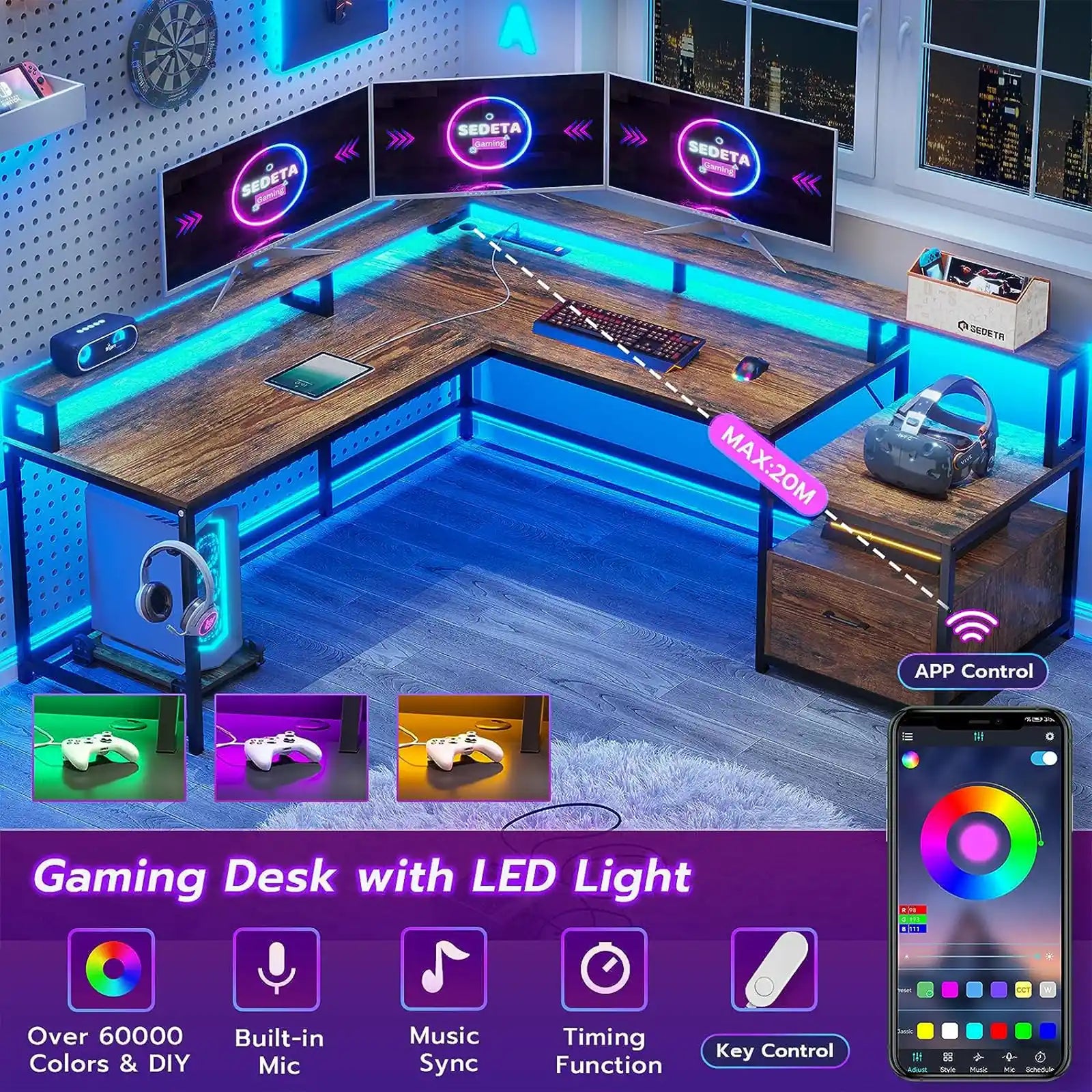 L Shaped Gaming Desk, 66" Home Office Desk with Led Lights File Drawer & Power Outlet , Corner Computer Desk with Monitor Shelf, Printer Storage Shelves, Two Person Desk