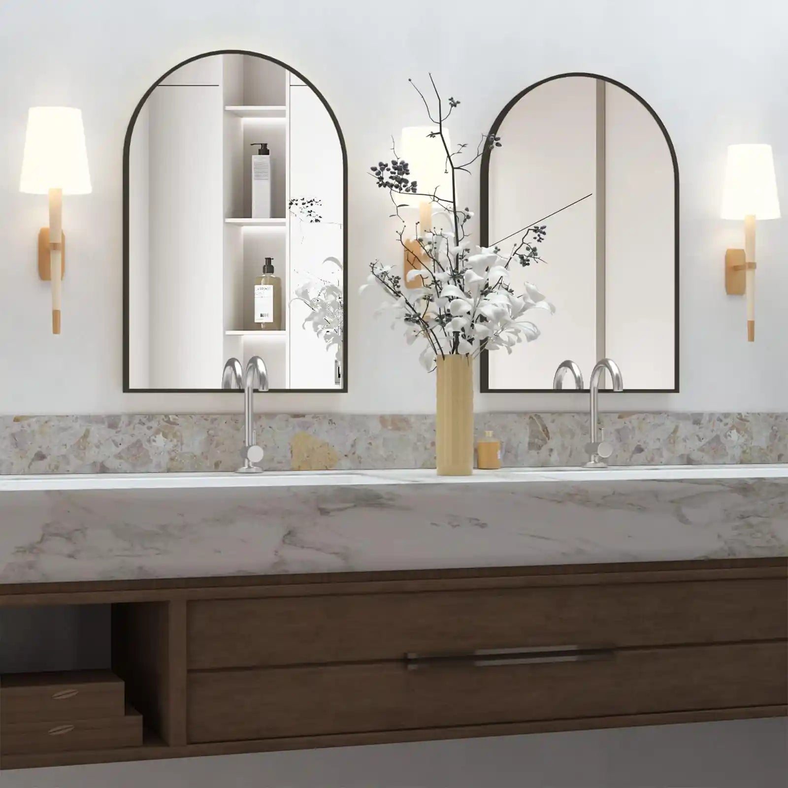 Wall Mounted Mirror Set of 2, Arched Wall Mirror for Bathroom,  Arch Bathroom Mirror with Metal Frame, 2 Piece Black Vanity Mirror Decor for Mantle, Bedroom, Entryway