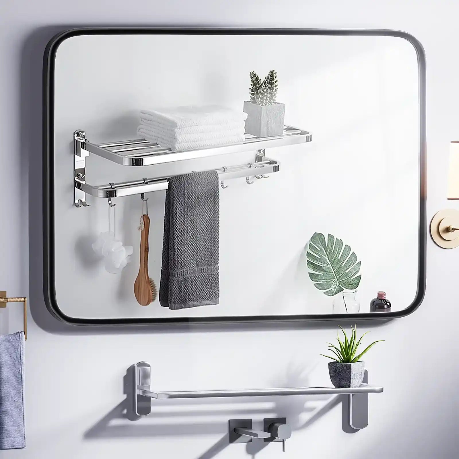 Bathroom Mirror, Wall Mounted Vanity Mirror 28" X 36", Rounded Corner Rectangle Wall Mirrors, Home Decor Metal Framed Bath Mirror for Living Room Bedroom, Hangs Horizontal or Vertical