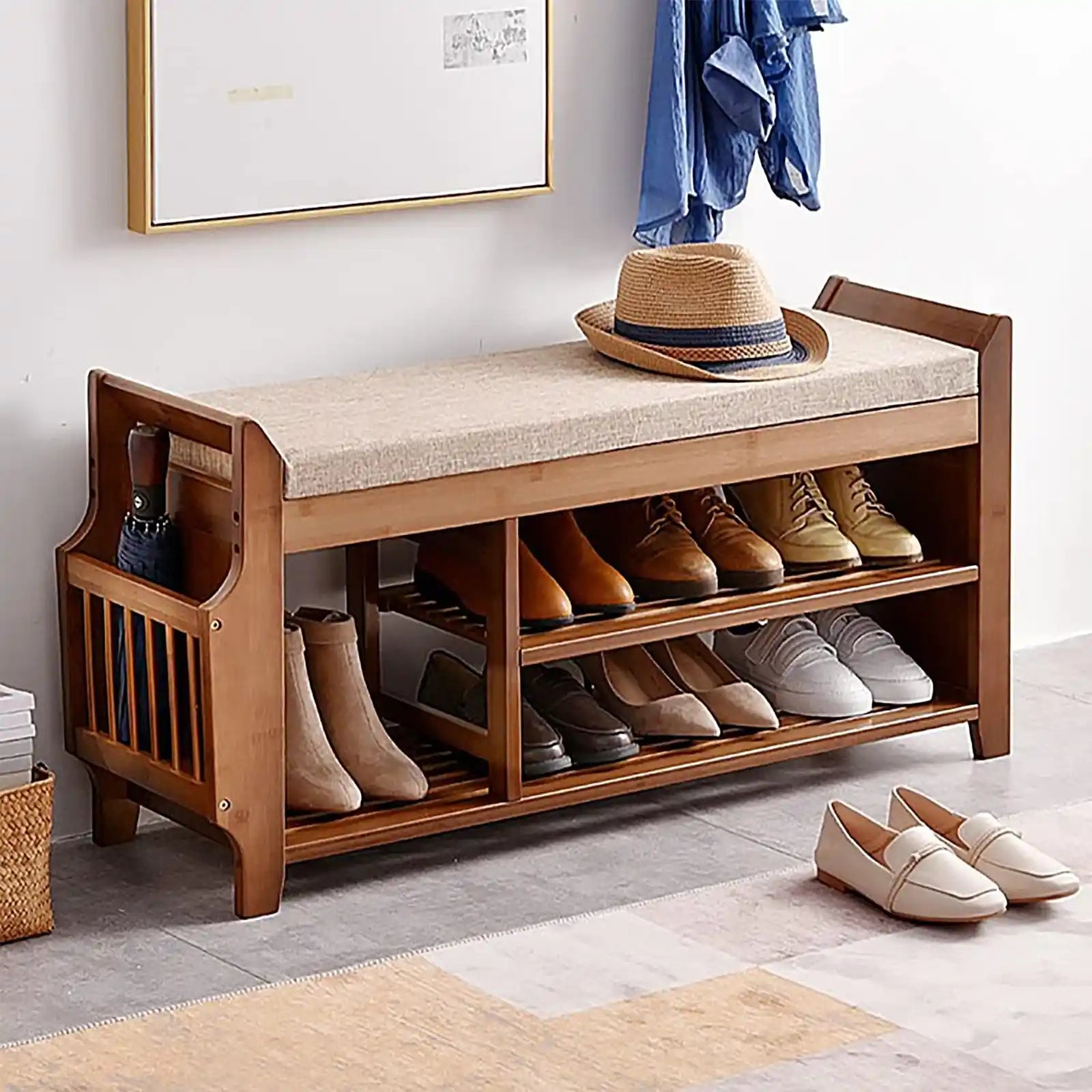 Banco de zapatos de diseño único con cajón oculto y soporte lateral | Construcción de bambú de primera calidad | Fácil de limpiar | Amplia capacidad de almacenamiento
