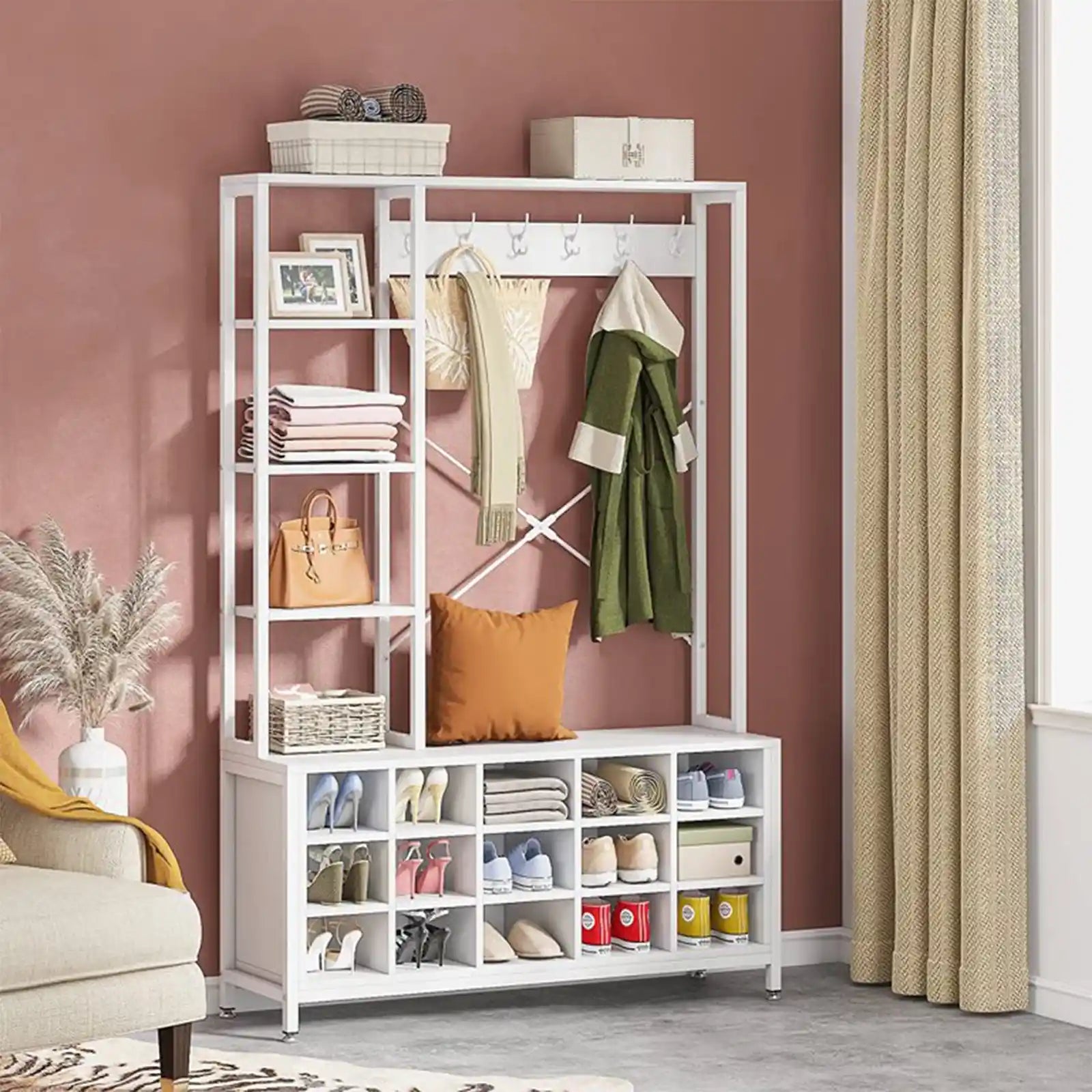 Entryway Hall Tree with Shoe Bench & Coat Rack, Modern Mudroom Bench with Shoe Storage and Coat Rack Hooks, White
