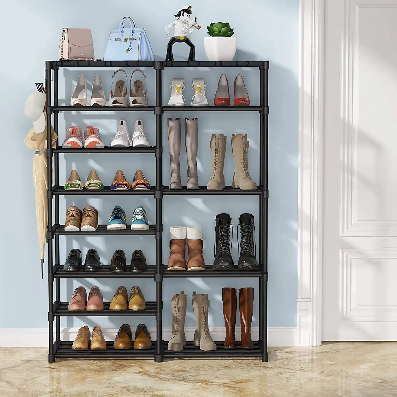 Shoe Shelf Shoe Storage Organizer with Side Hooks For Entryway, 24-30 Pairs Metal Shoe Rack Taller Shoes Boots Organizer