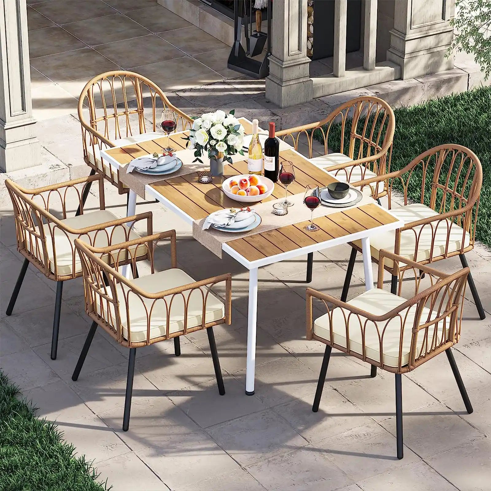 7 Pieces Outdoor Patio Dining Set, Rattan Wicker Patio Dining Chair & Table Set for 6 People, Sectional Conversation Set with Umbrella Hole for Garden