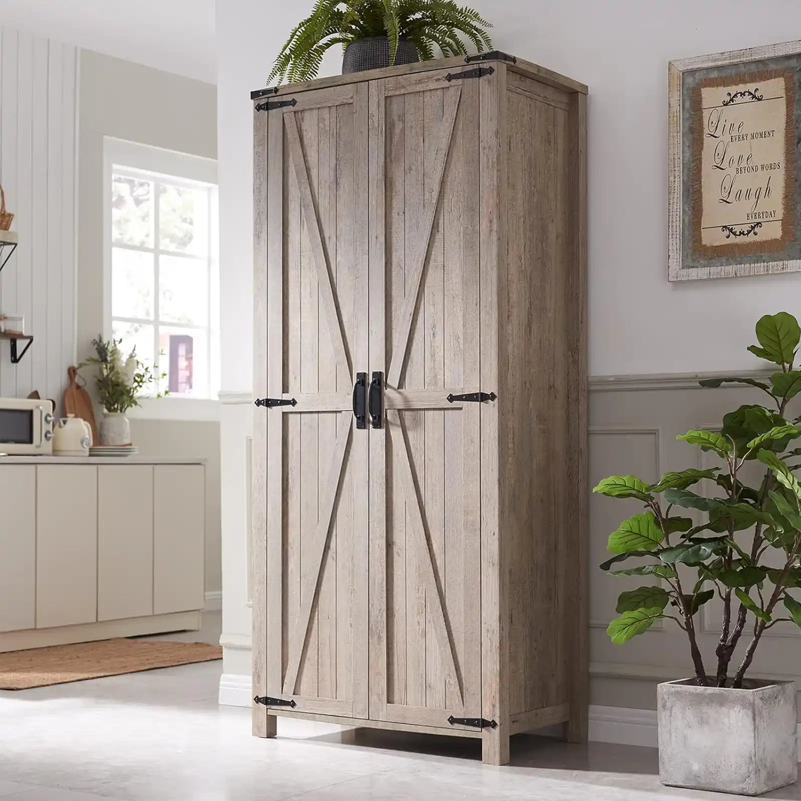 Storage Cabinet, Farmhouse Bathroom Organizer with Adjustable Shelves, Narrow Kitchen Pantry w/Barn Door, Versatile Storage w/Hanging Rod for Home, Laundry, Utility Room