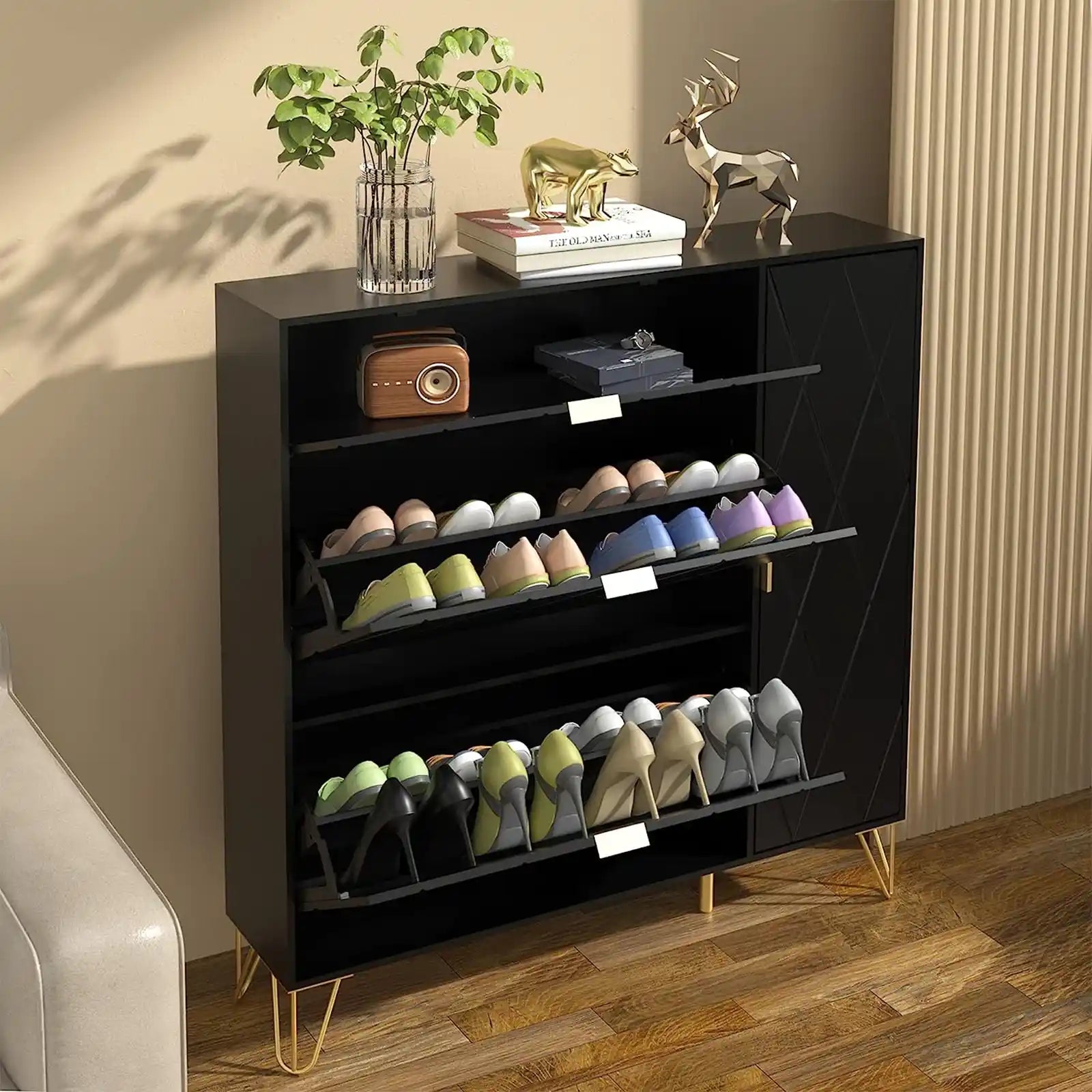 Shoe Cabinet, Free Standing Tipping Bucket Shoes Cabinets, Shoes Storage Cabinet with 3 Flip Drawers and Storage Shelves, Narrow Shoe Rack Cabinet for Entryway, Modern Shoes Organizer