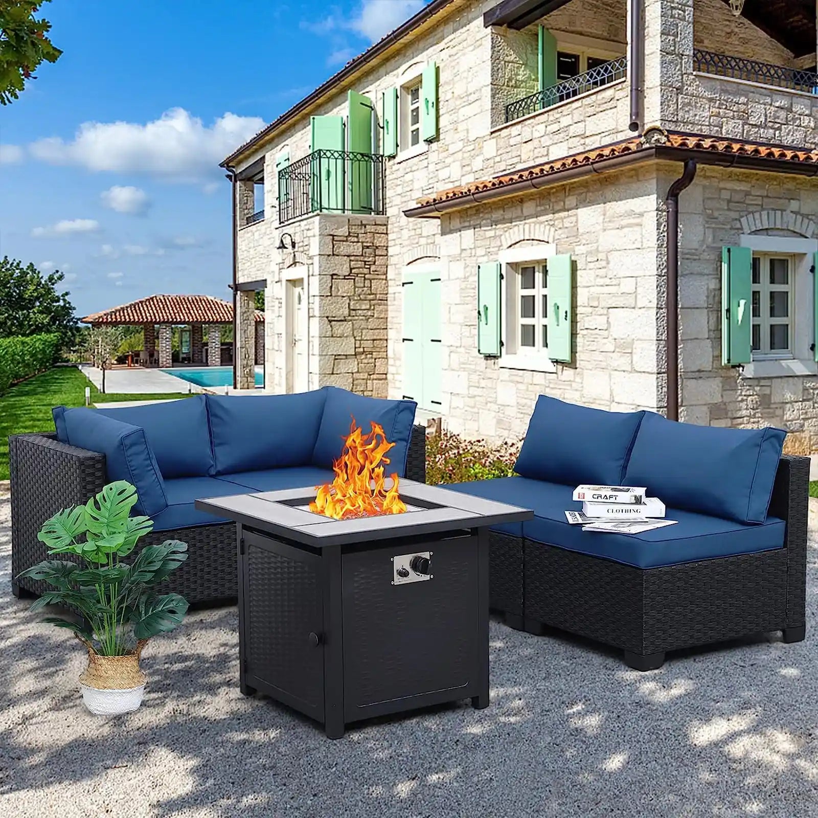 Outdoor Patio PE Wicker 5 Piece Furniture Set, Black Rattan Sectional Conversation Sofa Chair with Square Propane Fire Pit Table, Navy Blue Cushion