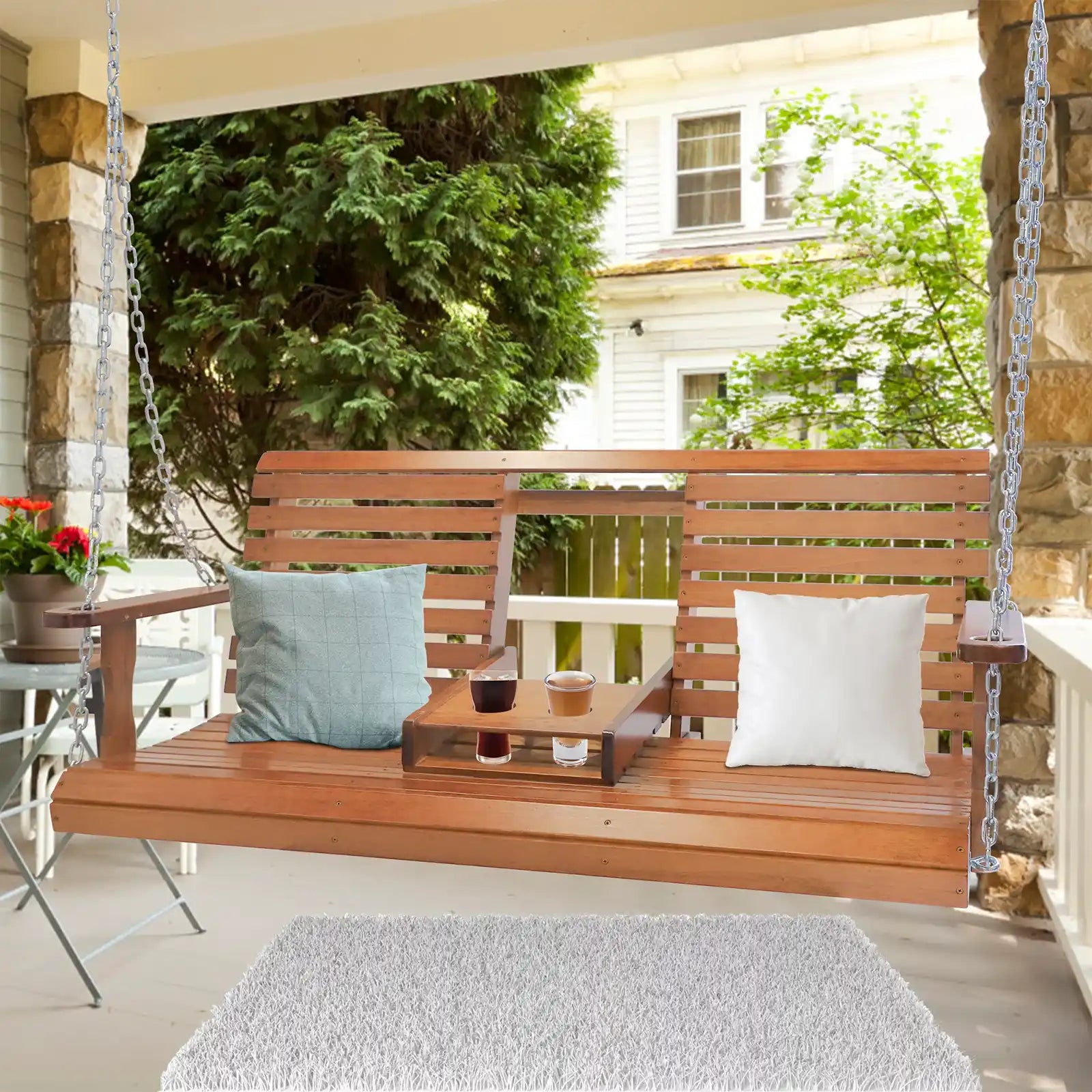 Columpio de madera para porche, banco colgante resistente para 2 personas para jardín, patio trasero, porche delantero, balcón 