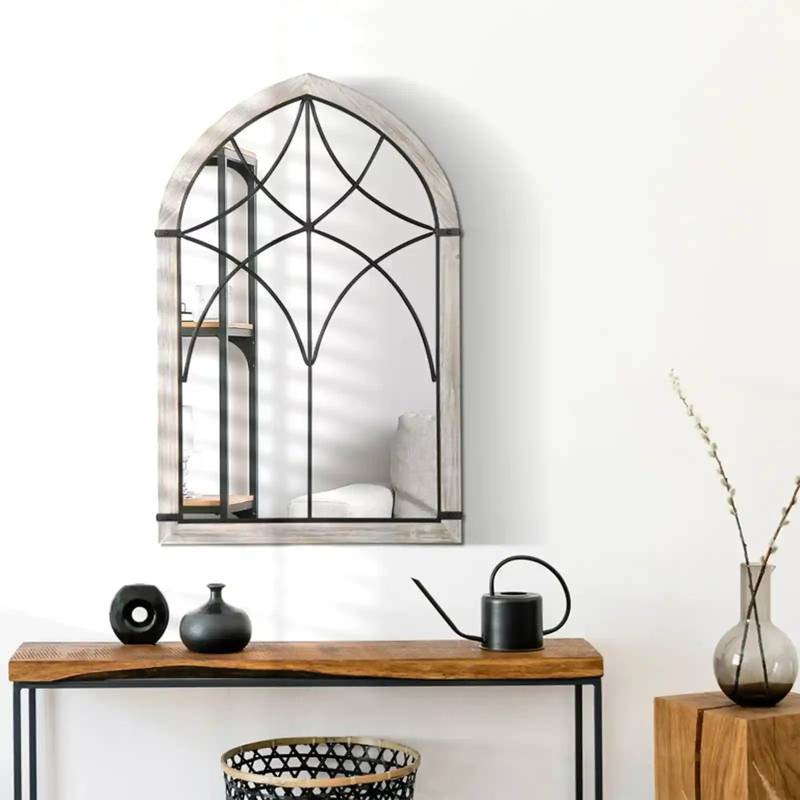 Espejo de pared grande de granja, espejo de ventana de arco para decoración de pared en sala de estar, dormitorio, entrada, grano de madera rústico