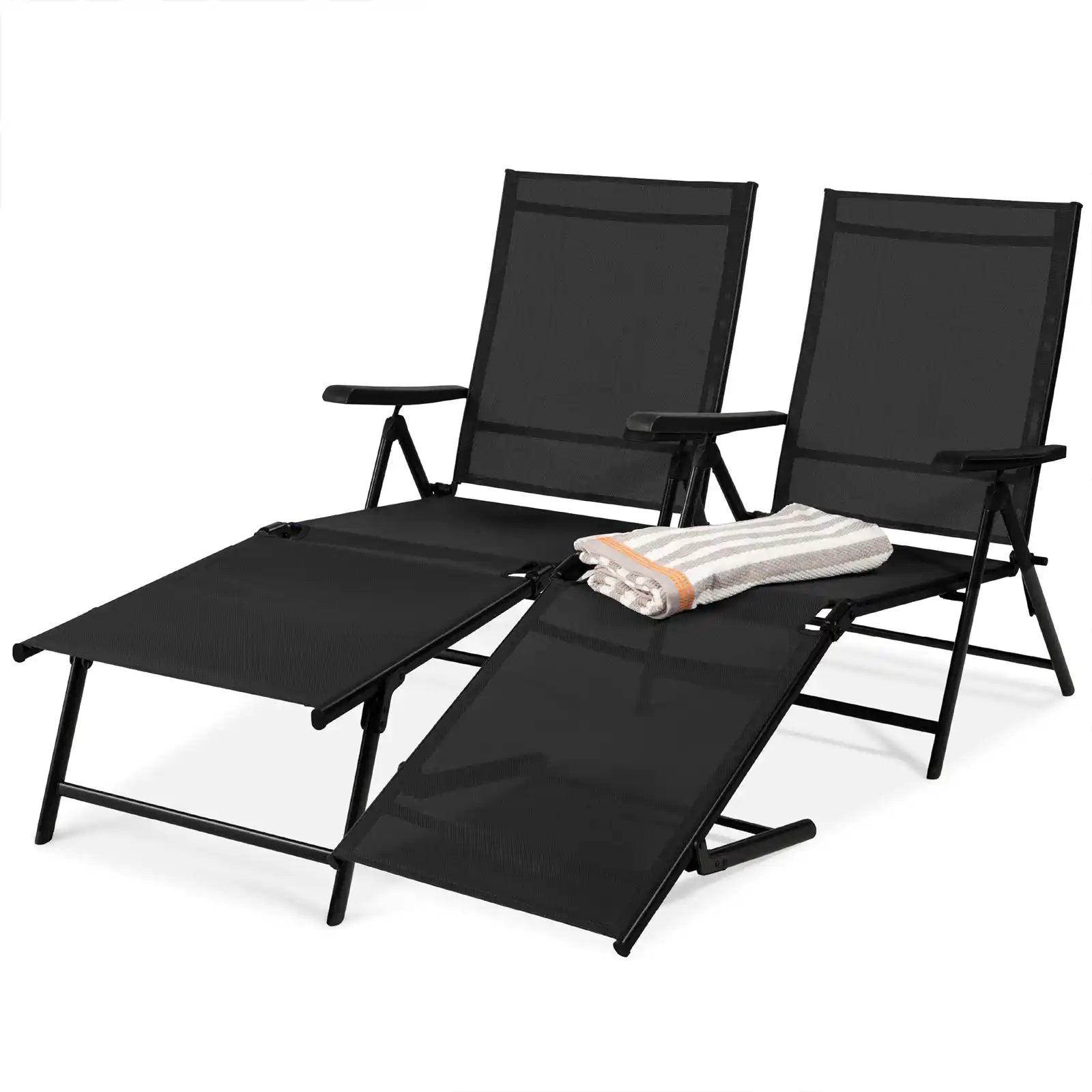 Outdoor Patio Chaise Lounge Chair Adjustable Folding Pool Lounger w/ Steel Frame, Set of 2