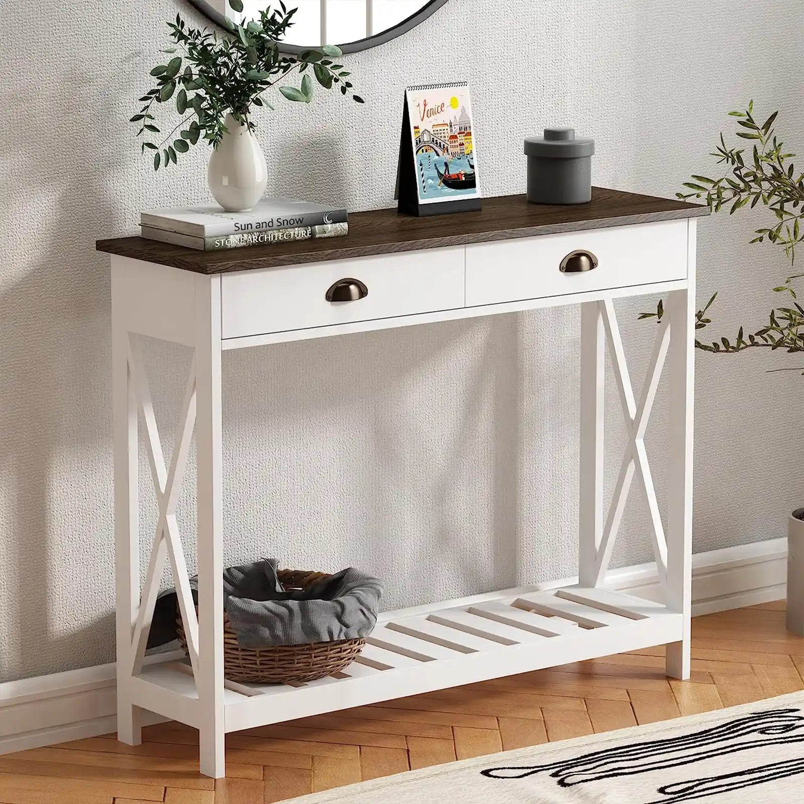 Farmhouse Console Table with Drawer for Entryway, Narrow Long Entry Table with Shelf for Living Room, Rustic Vintage Hallway Sofa Table with Stable X Supports