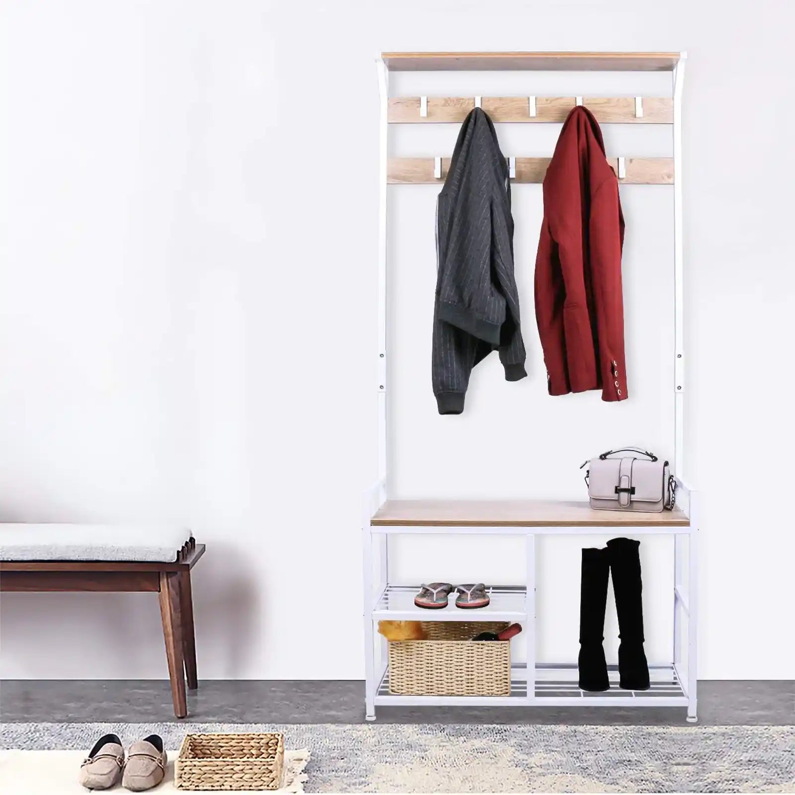 Coat Rack Shoe Bench, Hall Tree Entryway Storage Bench, Wood Look Accent Furniture with Metal Frame, 3-in-1 Design