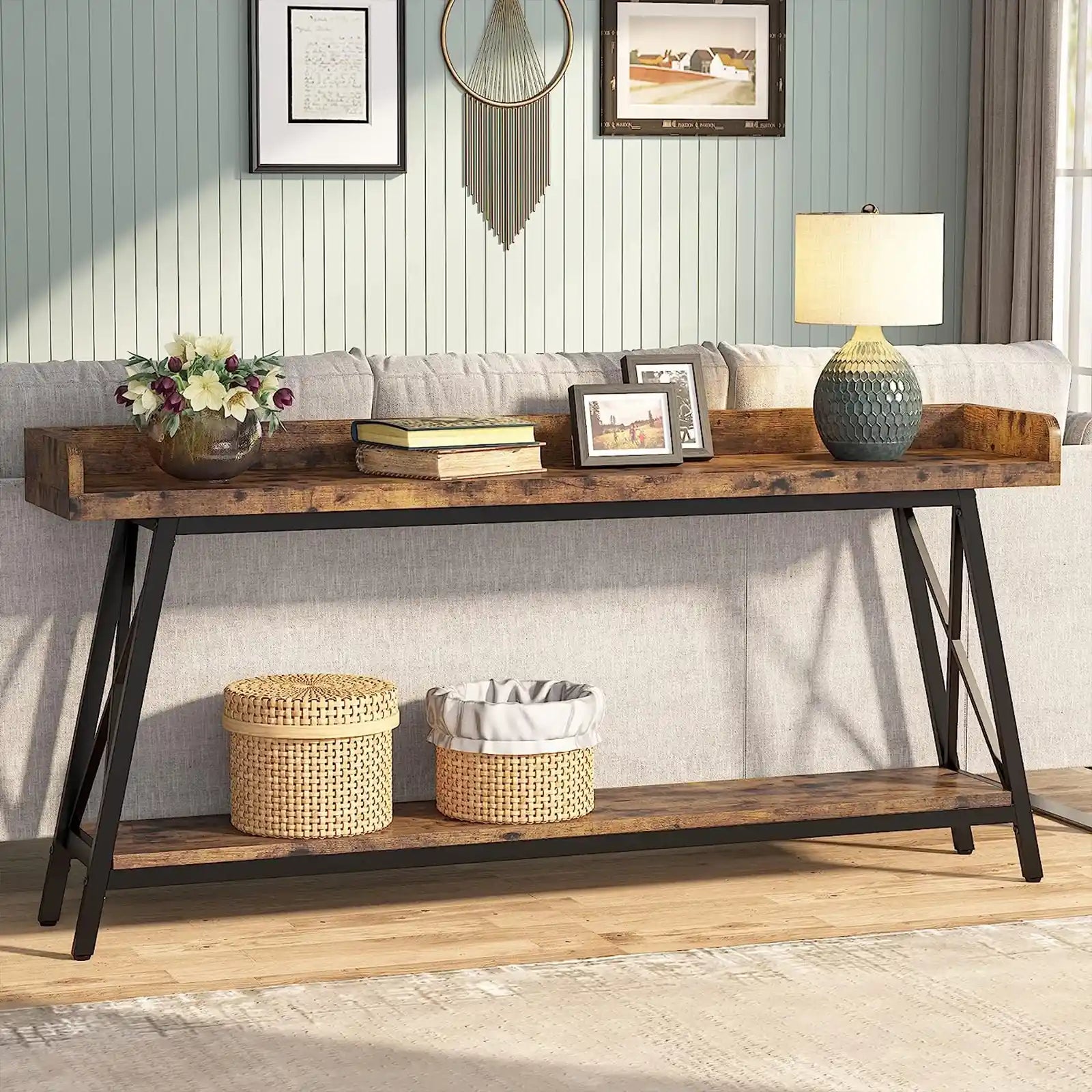 70.9 inch Extra Long Console Table Behind Couch, Rustic Industrial Sofa Table for Living Room, Narrow Entryway Hallway Long Bar Table