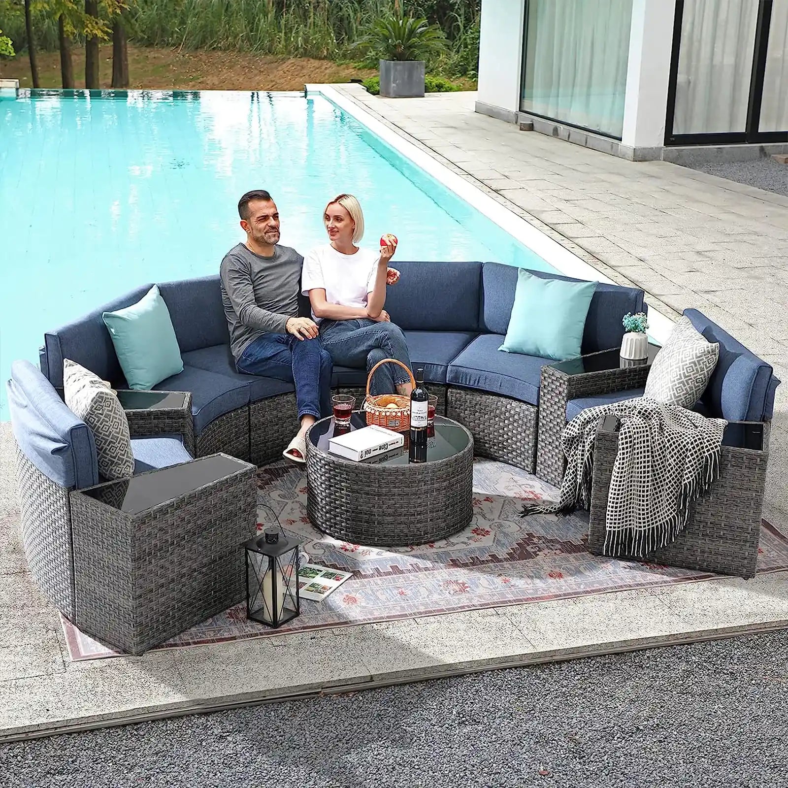 Outdoor Patio Furniture 11-Piece Half-Moon Sectional Round Patio Furniture Set Curved Outdoor Sofa with Tempered Glass Round Coffee Table, 4 Pillows