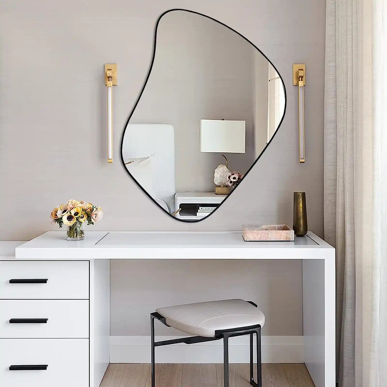 Irregular Mirror, Asymmetrical Mirror, Bathroom Mirror, Decorative Mirror, Squiggly Mirror, Geometric Mirror, Black Frame Wall Mirror for Fireplace Living Room Bedroom Entryway, 34"x26.4"