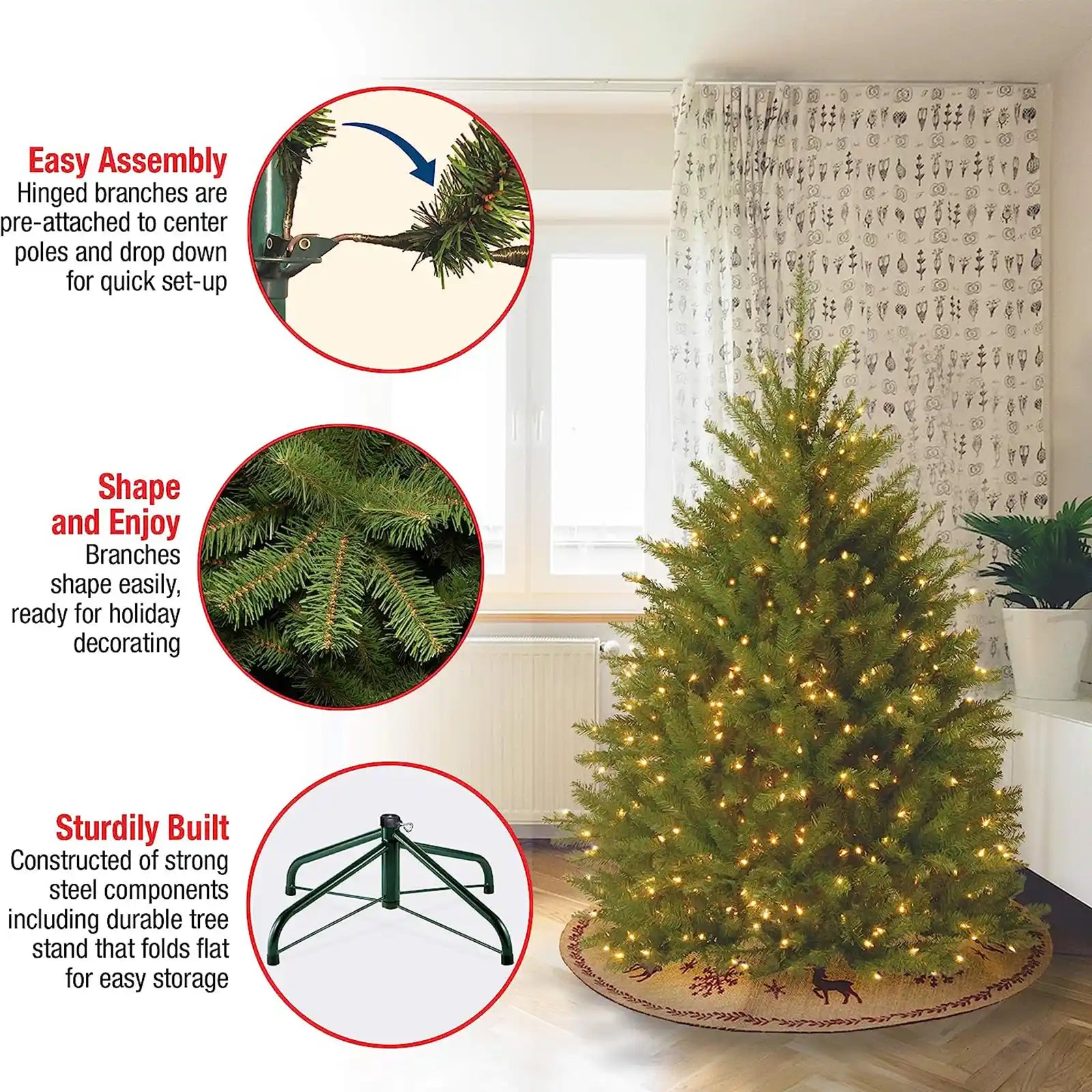 Mini árbol de Navidad artificial preiluminado, verde, abeto Dunhill, luces blancas, incluye soporte, 4 pies 