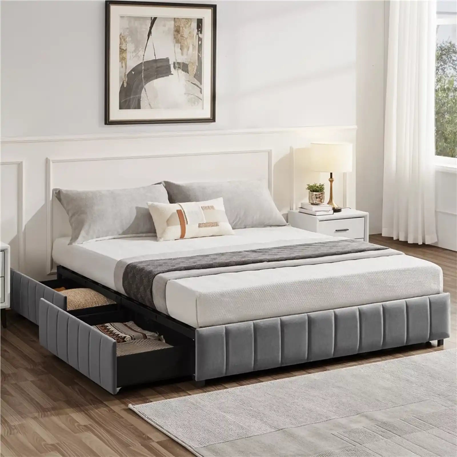Upholstered Bed Frame with 4 Storage Drawers without Headboard
