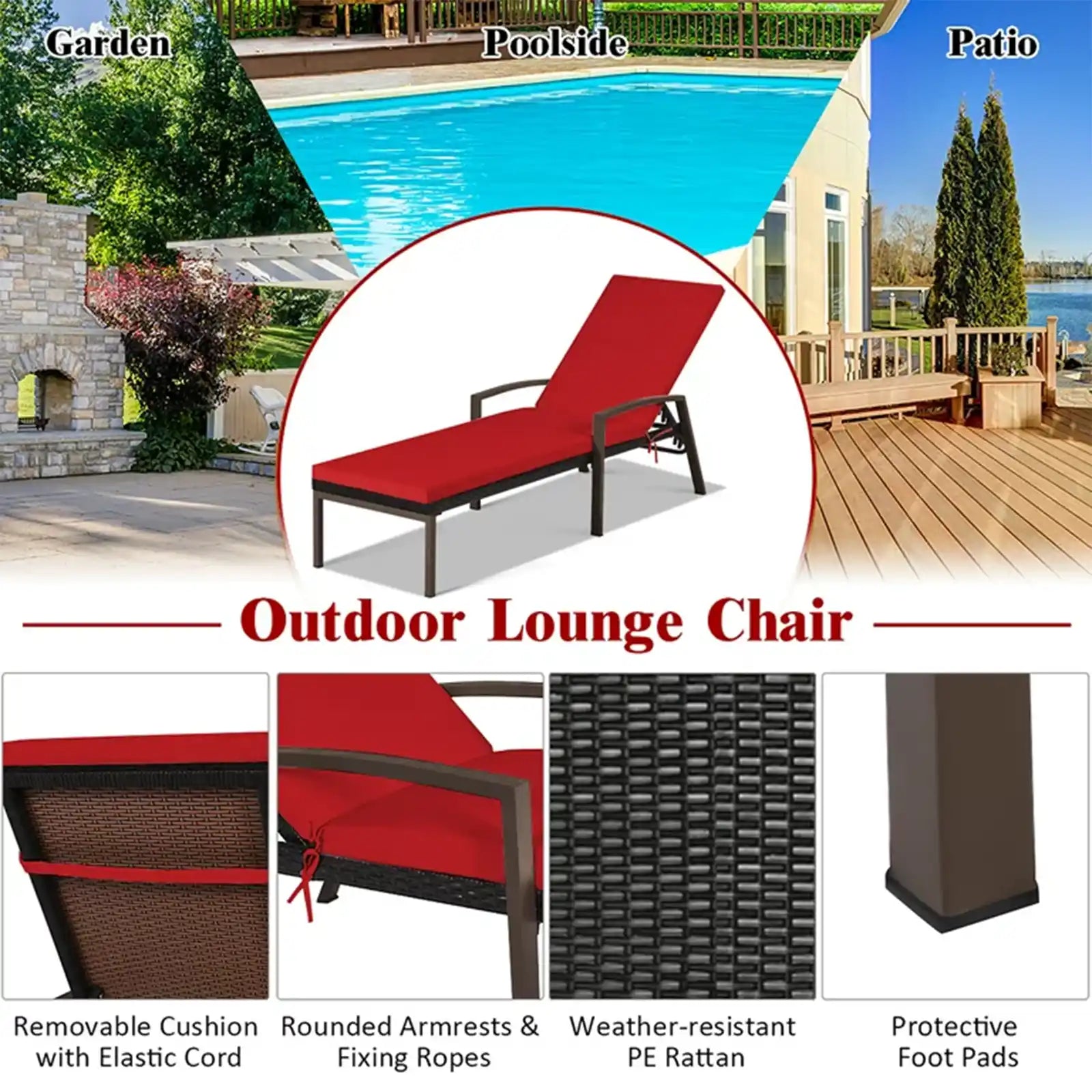 Patio Rattan Chaise Lounge, Chair, Recliner and Back Adjustable Cushion