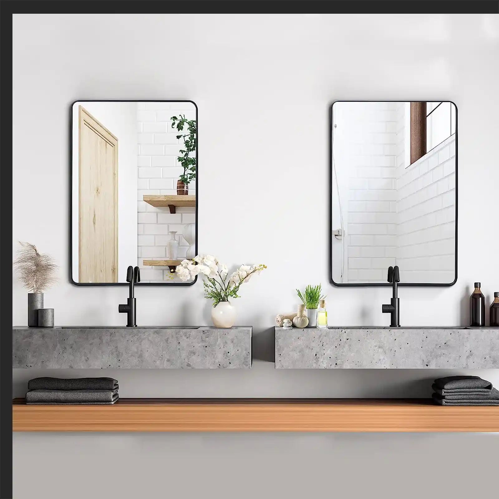 Black Metal Framed Rectangular Wall Mirror, Bathroom Mirror with Peaked Trim for Entryways, Living Rooms, Bathrooms(Set of 2)