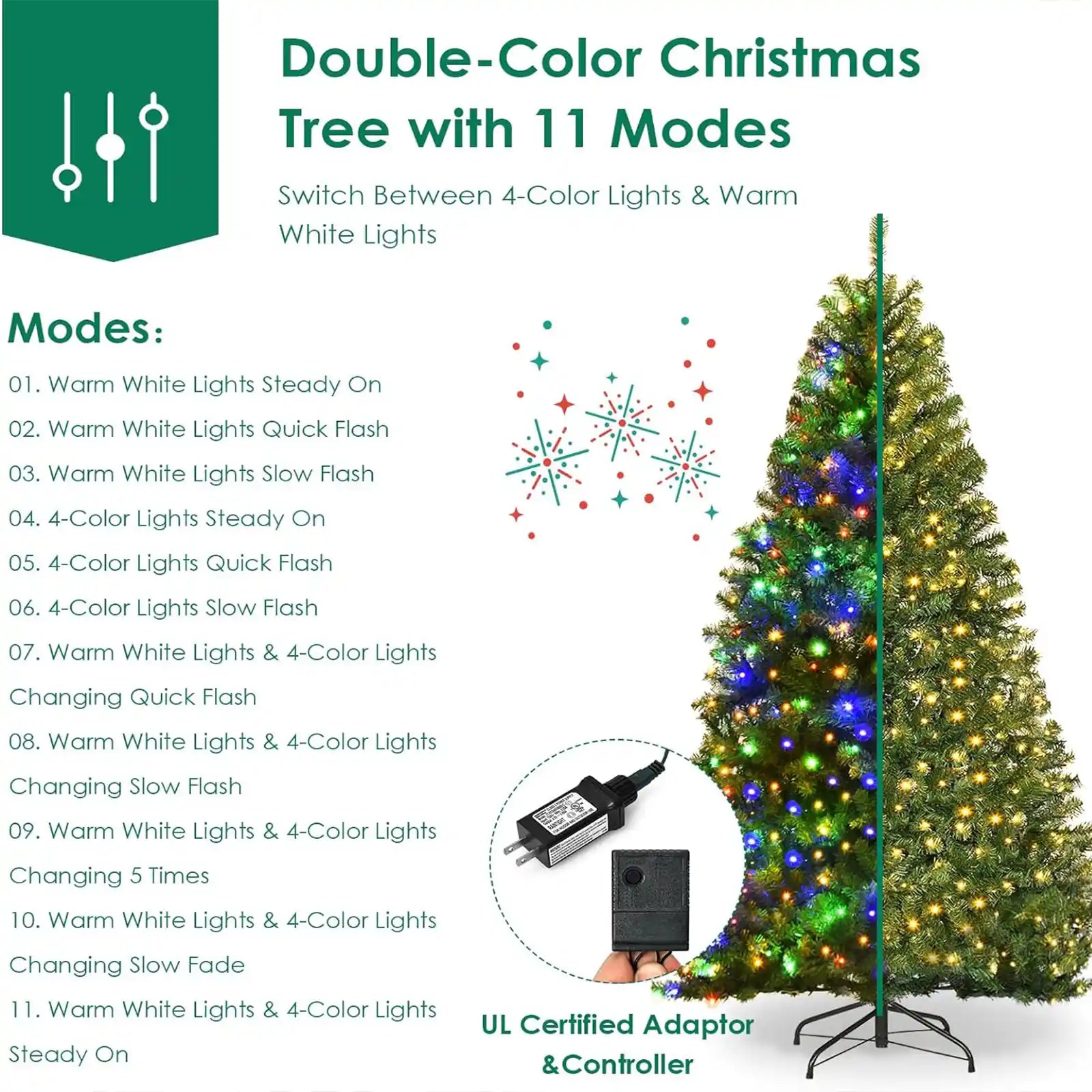 8FT Prelit Christmas Tree with Light Multicolor LED & Warm White Color with 2129 Branches Tips Full Appearance for Holiday, Party & Home Decoration