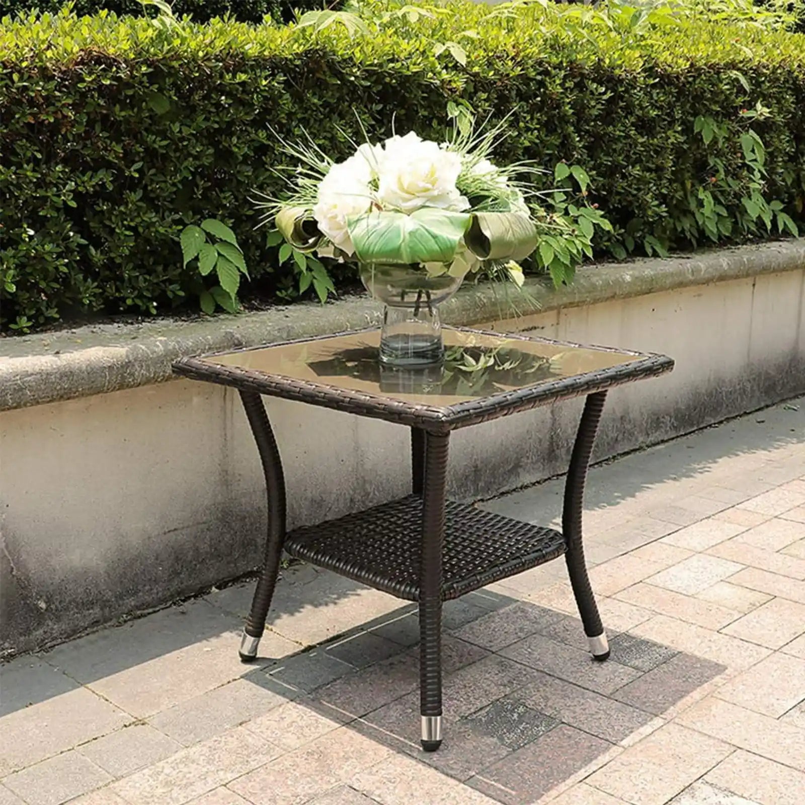 Outdoor Wicker End Table Square Glass Top Rattan Coffee Table with Storage for Patio Garden