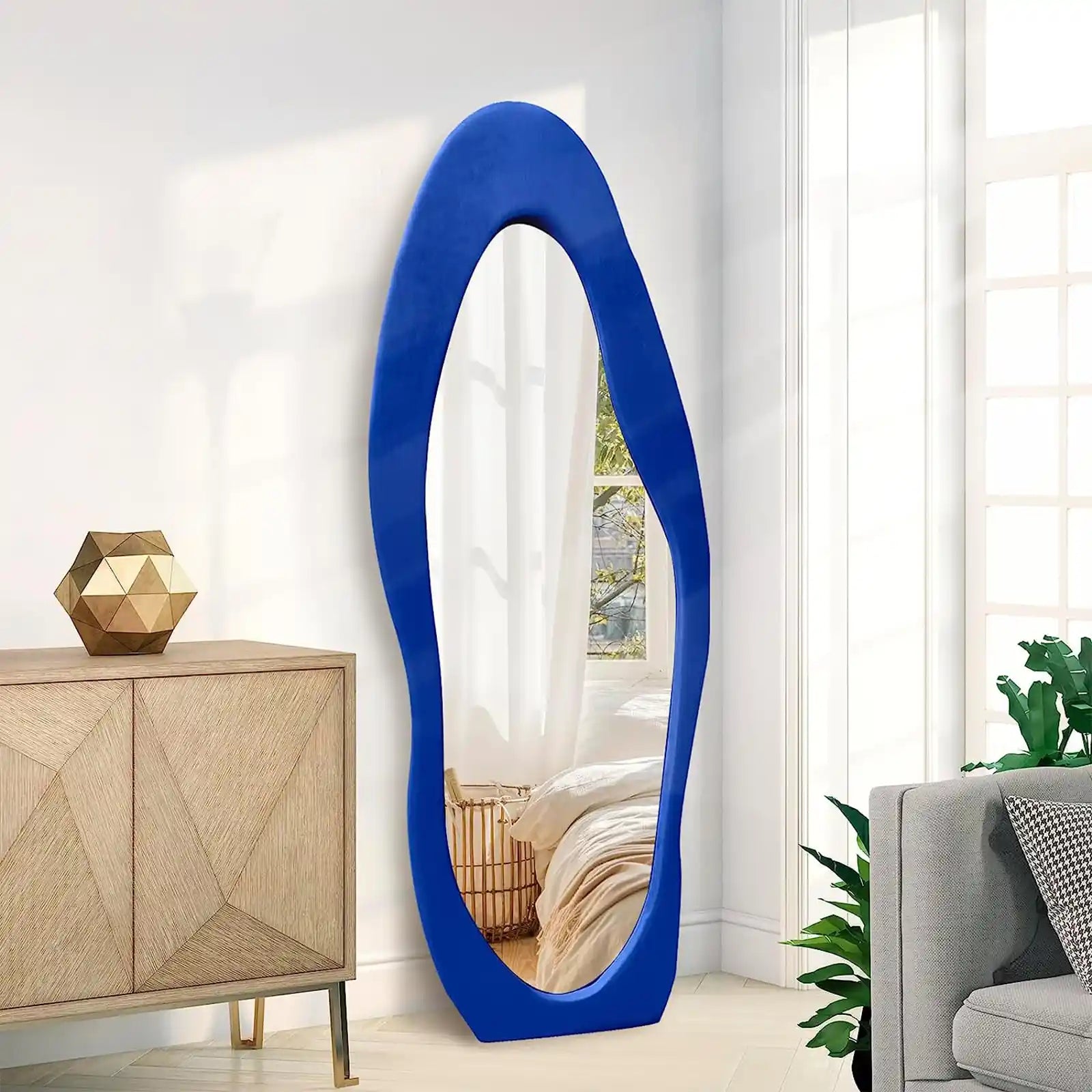 Irregular Full Length Mirror 63"x24", Flannel Wrapped Wooden Frame Full Body Mirror, Floor Mirror Full Length, Wavy Mirror Hanging or Leaning Against Wall for Cloakroom/Bedroom/Living Room
