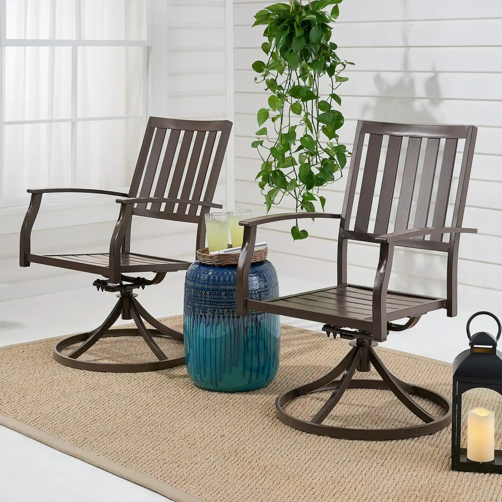 Farmhouse Brown Steel Outdoor Patio Swivel Chairs, Set of 2
