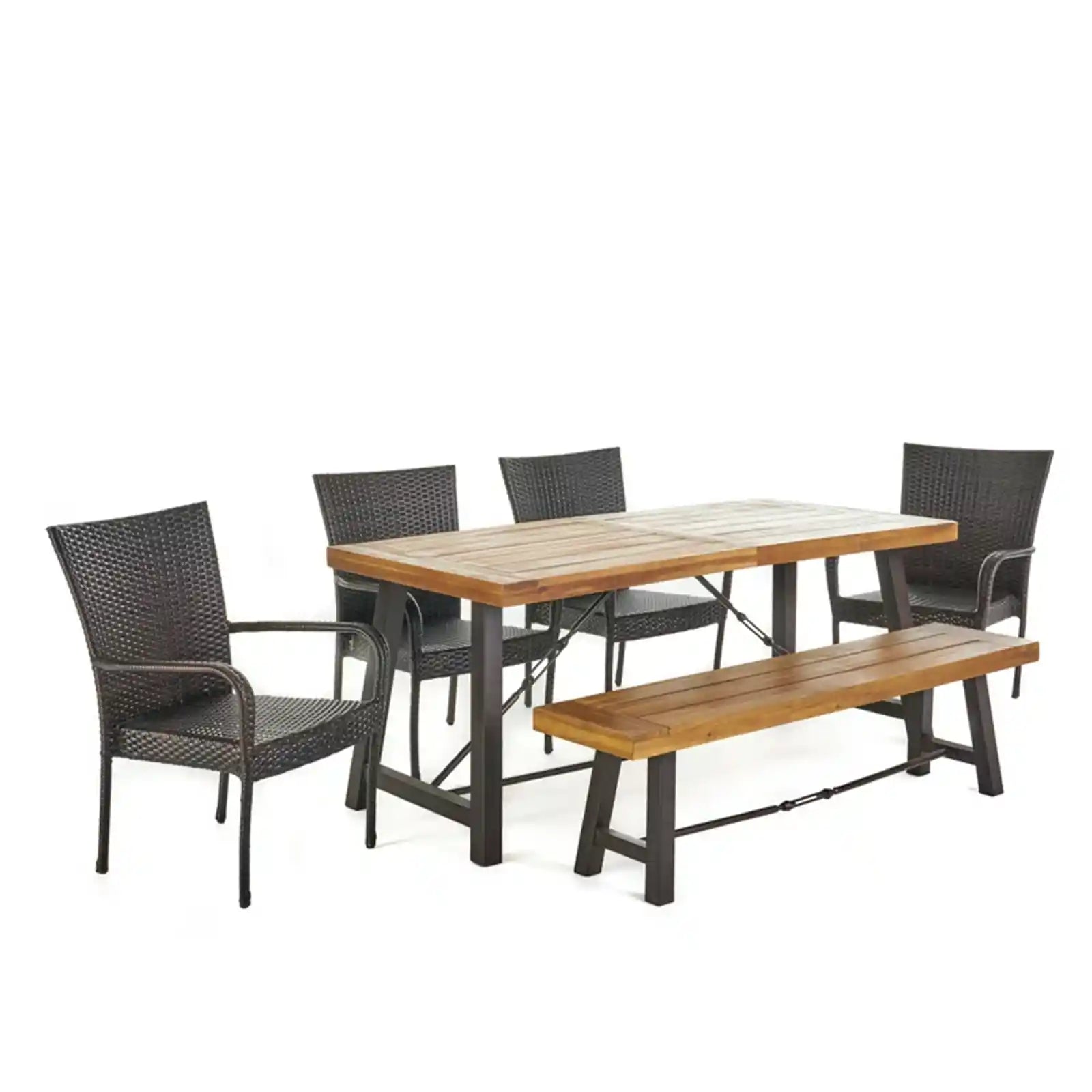 Outdoor 6-Piece Acacia Wood Dining Set with Wicker Stacking Chairs, Teak Finish, Multi-Brown