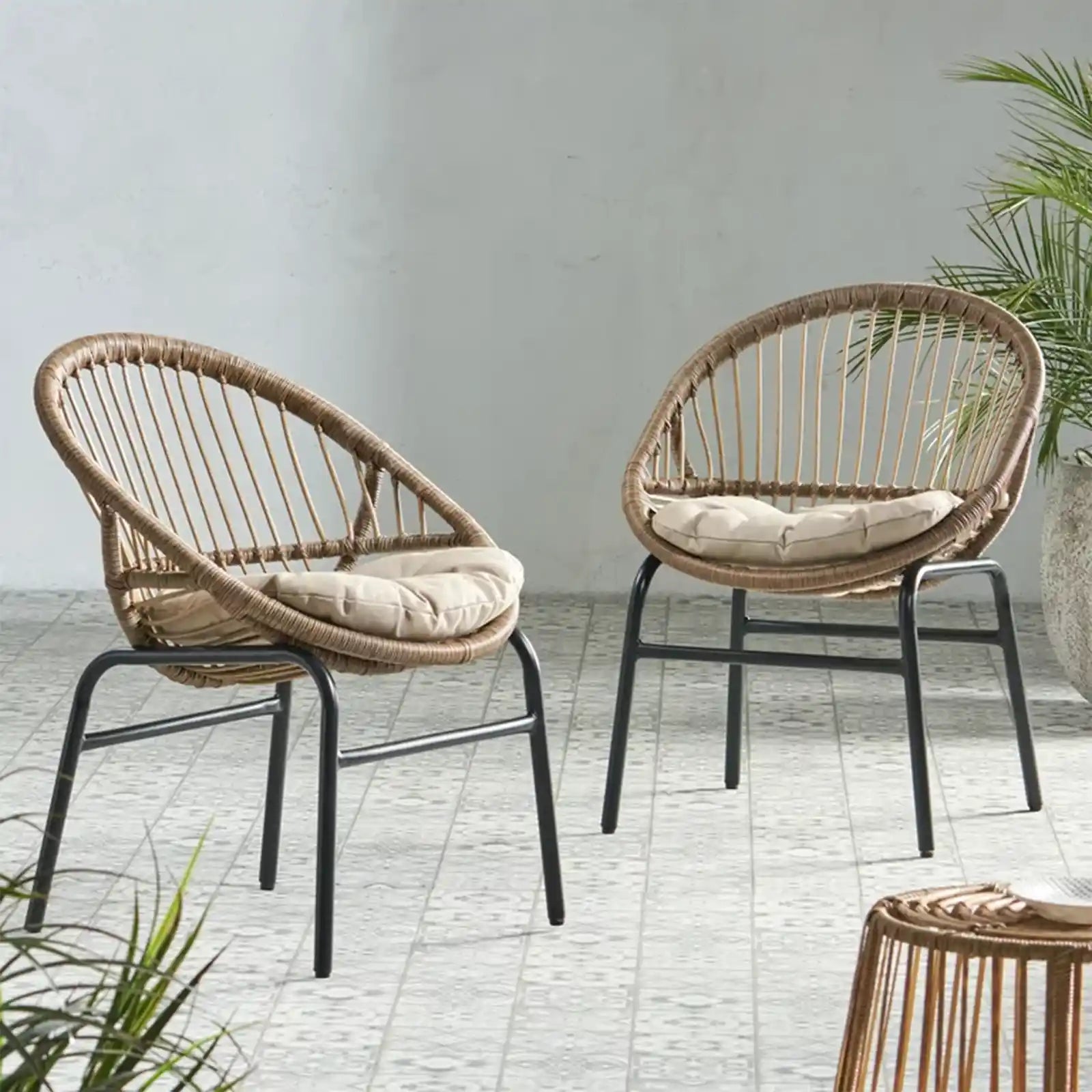 Outdoor Dining Chair - Wicker - Set of 2 - Light Brown, Beige and Matte Black
