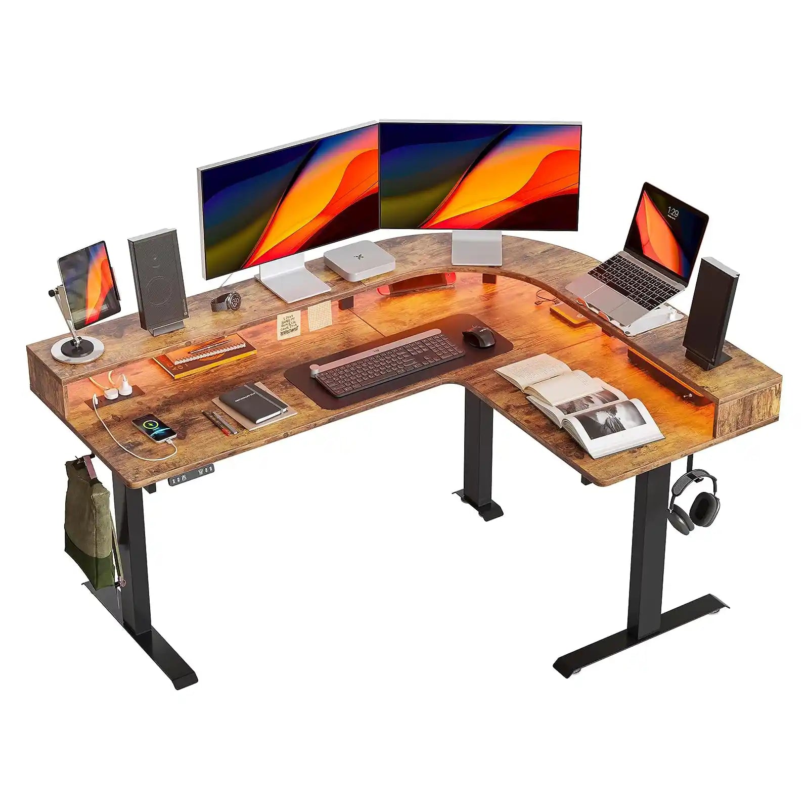 Adjustable L Shaped Standing Desk with LED Strip & Power Outlets，63 inches Height Adjustable Stand up Corner Desk with Ergonomic Monitor Stand