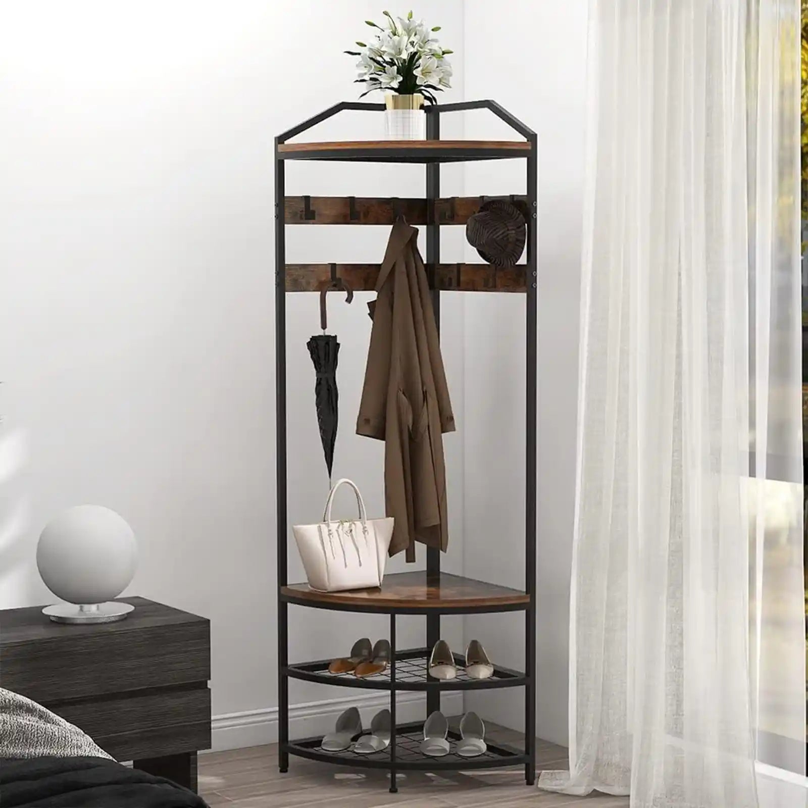 Corner Hall Tree with Shoe Bench Entryway Coat Rack with 10 Metal Movable Hooks Freestanding Clothes Rack Shoes Shelf Organizer for Home Office Bedroom