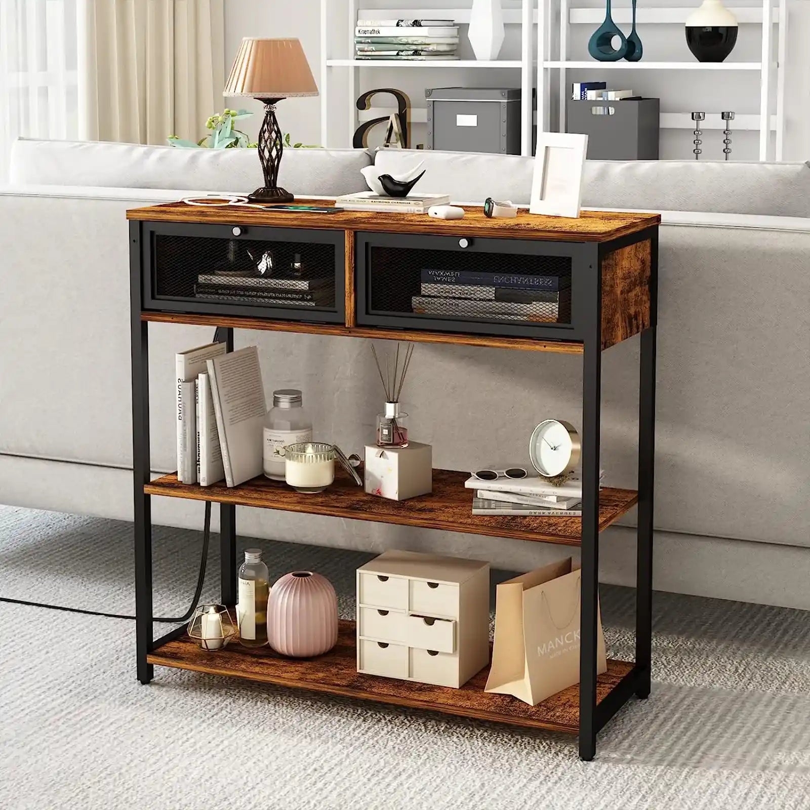 Console Table with Charging Station, 32'' Entryway Table with Doors, Sofa Table Narrow Long with 3 Tiers Open Wood Storage Shelves, for Living Room, Entryway, Foyer