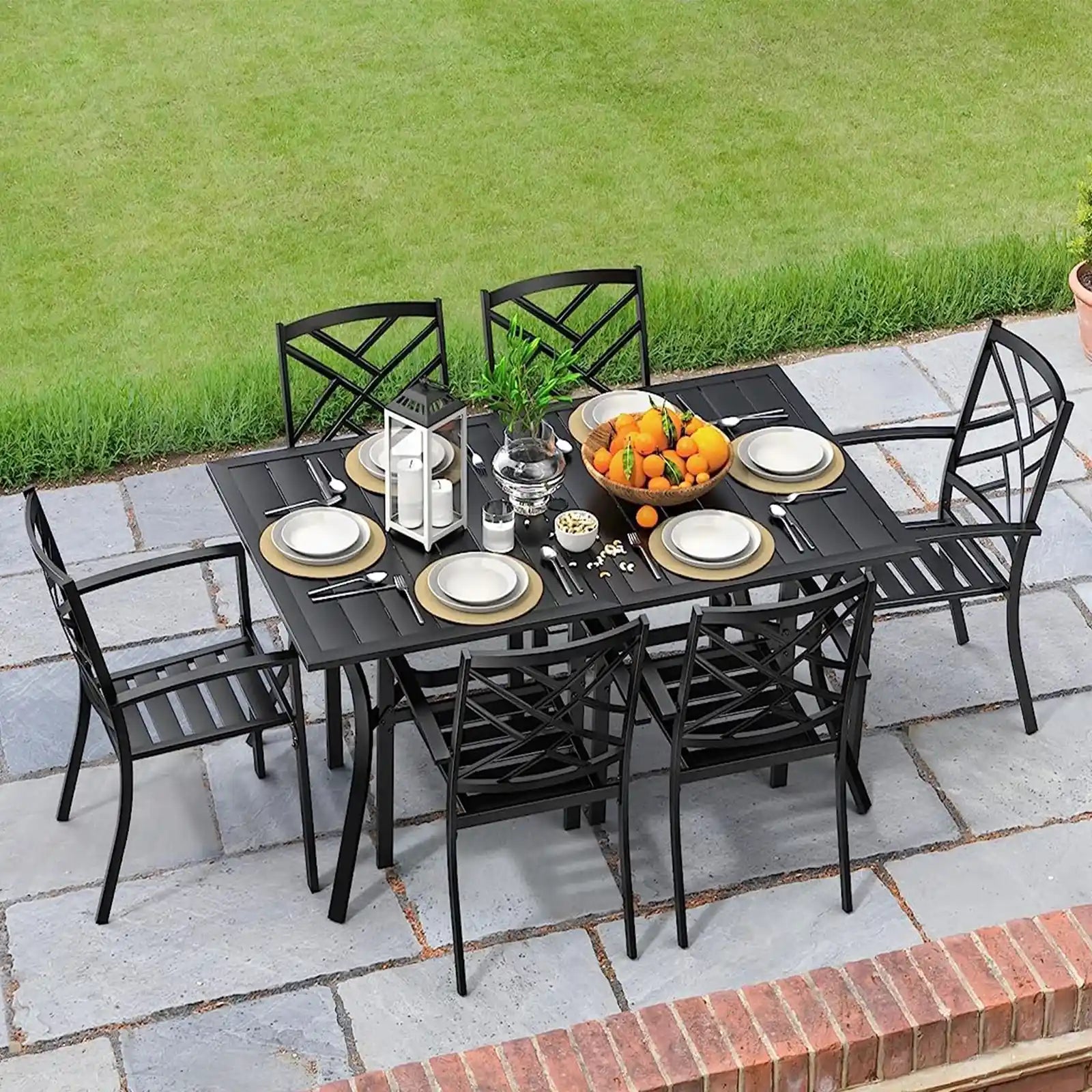 Mesa para exterior de 63 pulgadas, mesa de comedor negra rectangular clásica de acero y metal para patio 