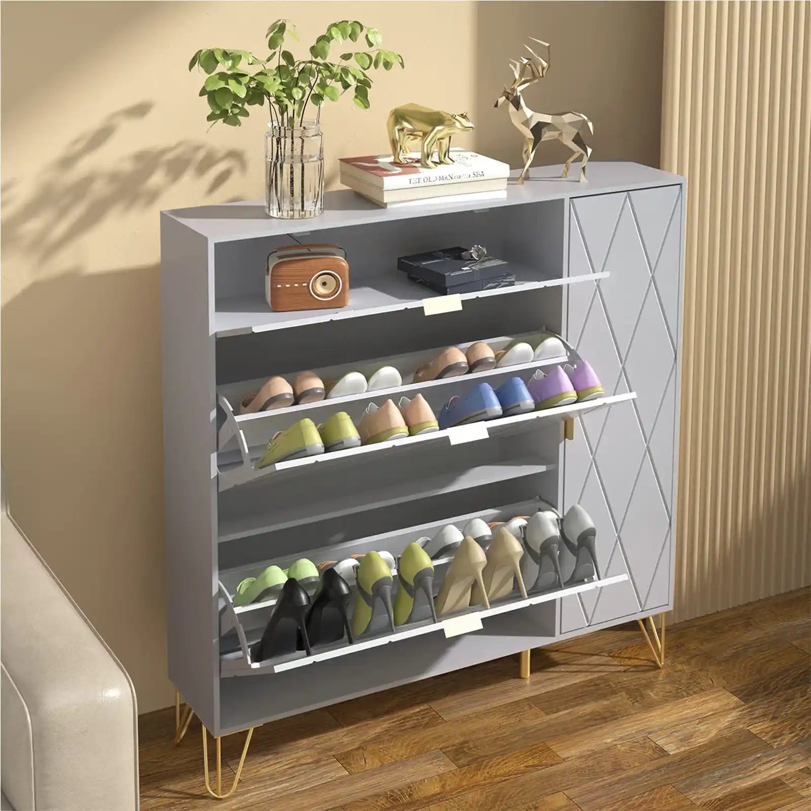 Shoe Cabinet, Free Standing Tipping Bucket Shoes Cabinets, Shoes Storage Cabinet with 3 Flip Drawers and Storage Shelves, Narrow Shoe Rack Cabinet for Entryway, Modern Shoes Organizer