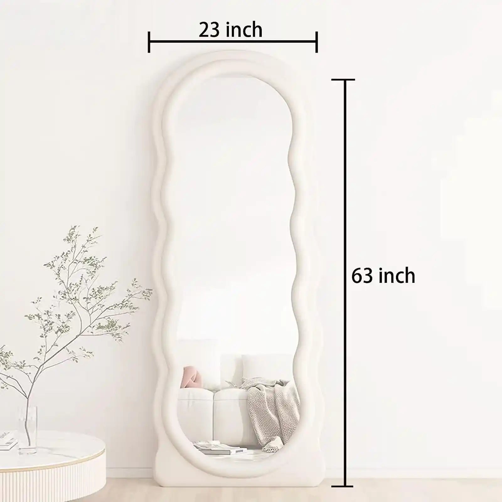 Full Length Mirror 63"x24", Irregular Wavy Mirror, Wave Floor Mirror, Wall Mounted Mirror Standing or Leaning Against Wall for Bedroom Living Room, Flannel Wrapped Wooden Frame Mirror-Black