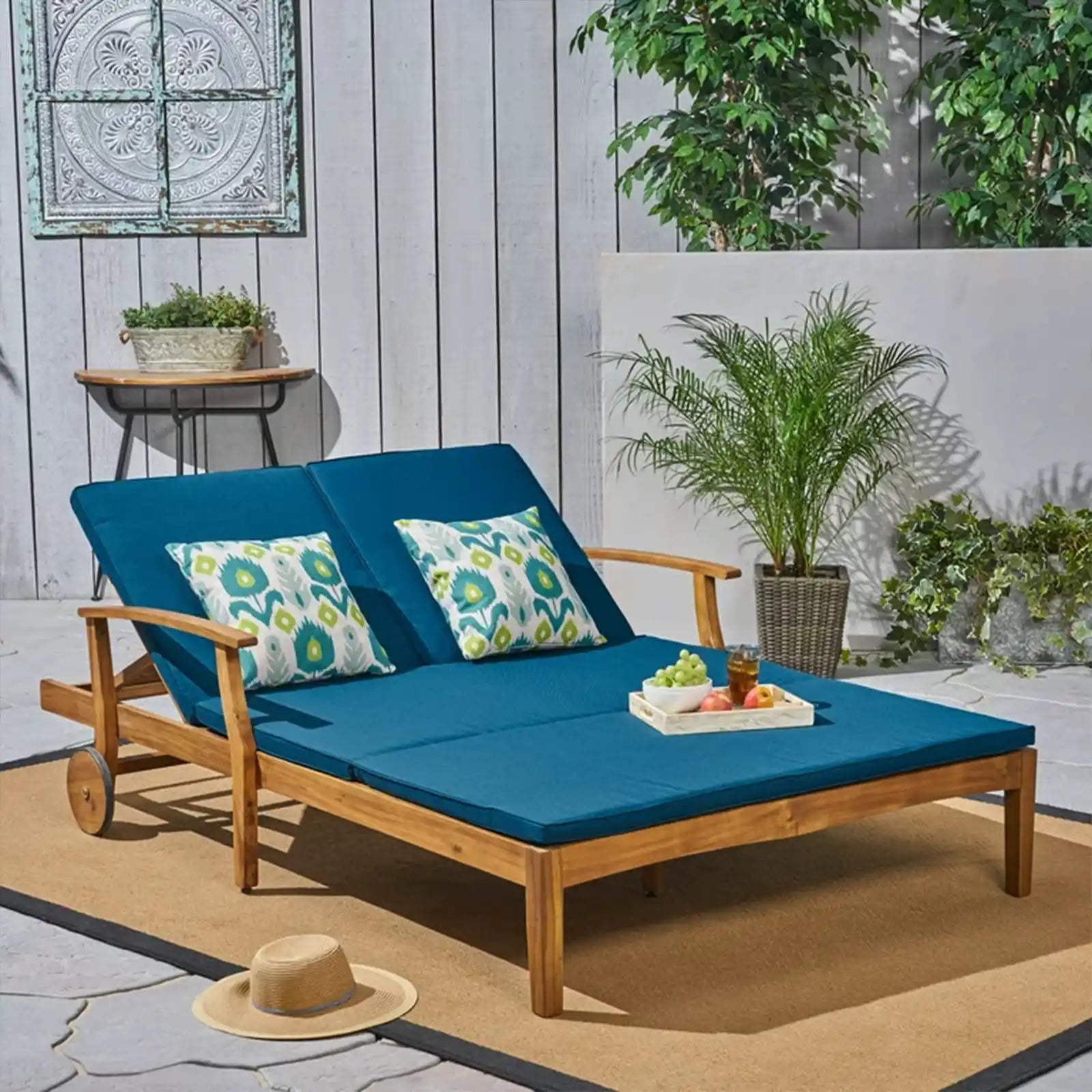 Chaise Lounge doble de madera de acacia para exteriores con cojín