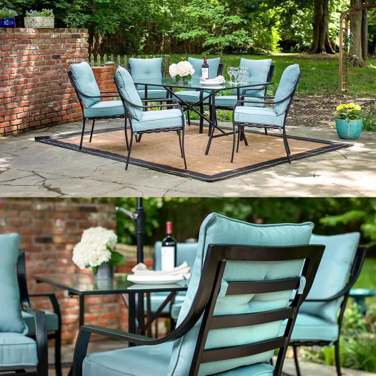 7-Piece Steel Outdoor Patio Dining Set with Ocean Blue Cushions, 6 Dining Chairs and Tempered Glass Rectangular Dining Table