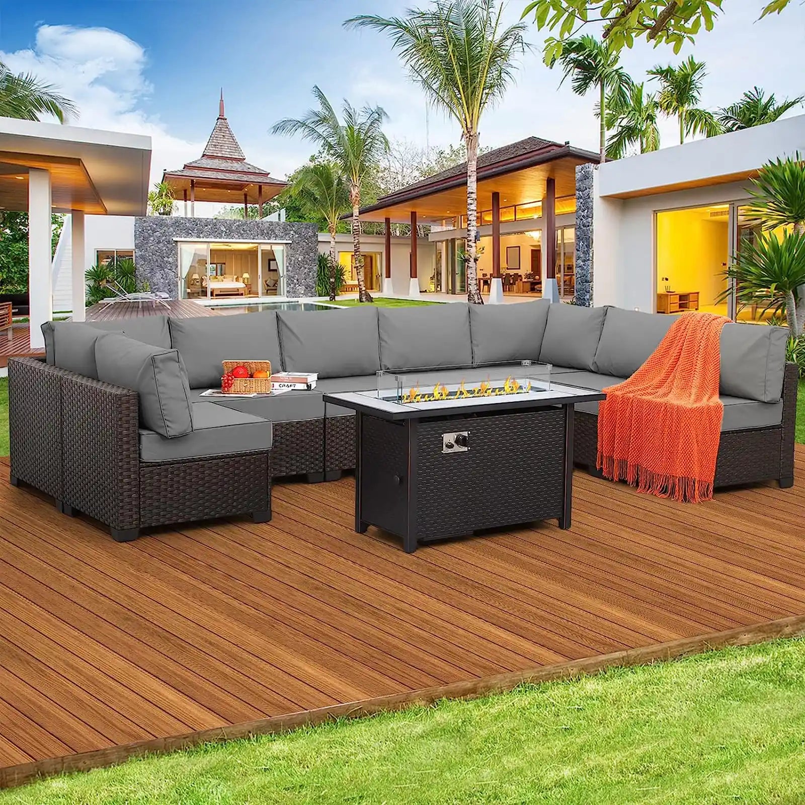 9-Piece Patio Rattan Furniture Set with Gas Fire Pit Table Outdoor Sectional Conversation Couch Brown PE Wicker Sofa with Washable Peacock Blue Cushions