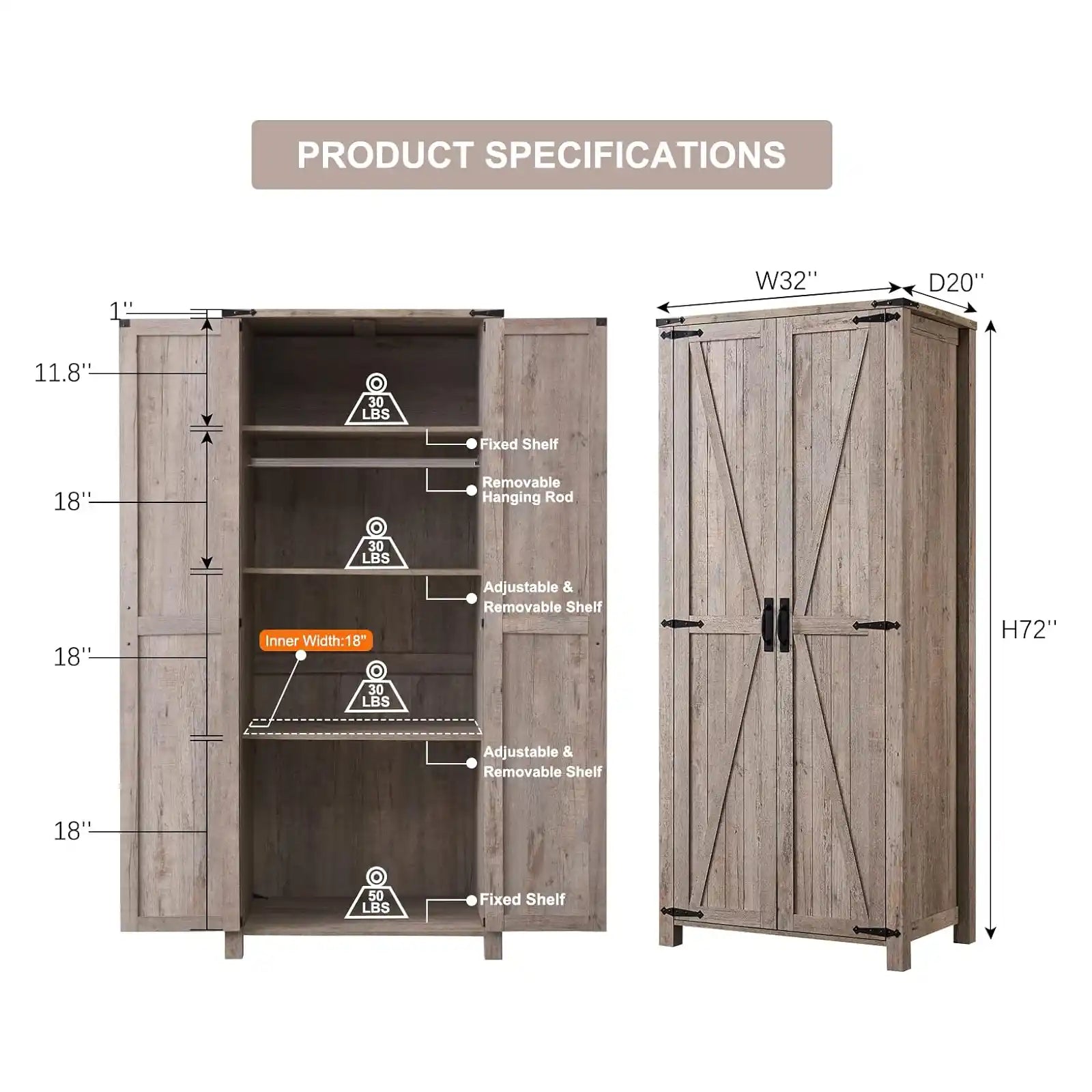Storage Cabinet, Farmhouse Bathroom Organizer with Adjustable Shelves, Narrow Kitchen Pantry w/Barn Door, Versatile Storage w/Hanging Rod for Home, Laundry, Utility Room