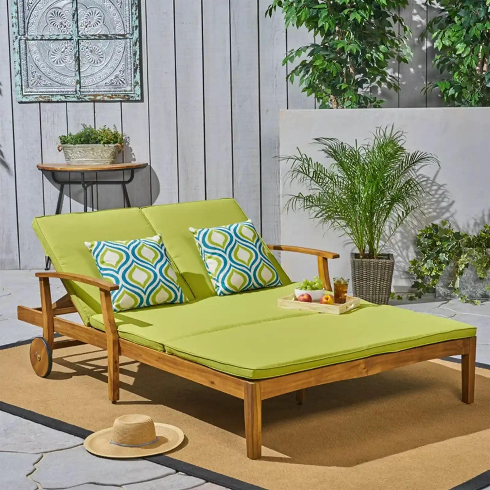 Outdoor Acacia Wood Double Chaise Lounge with Cushion
