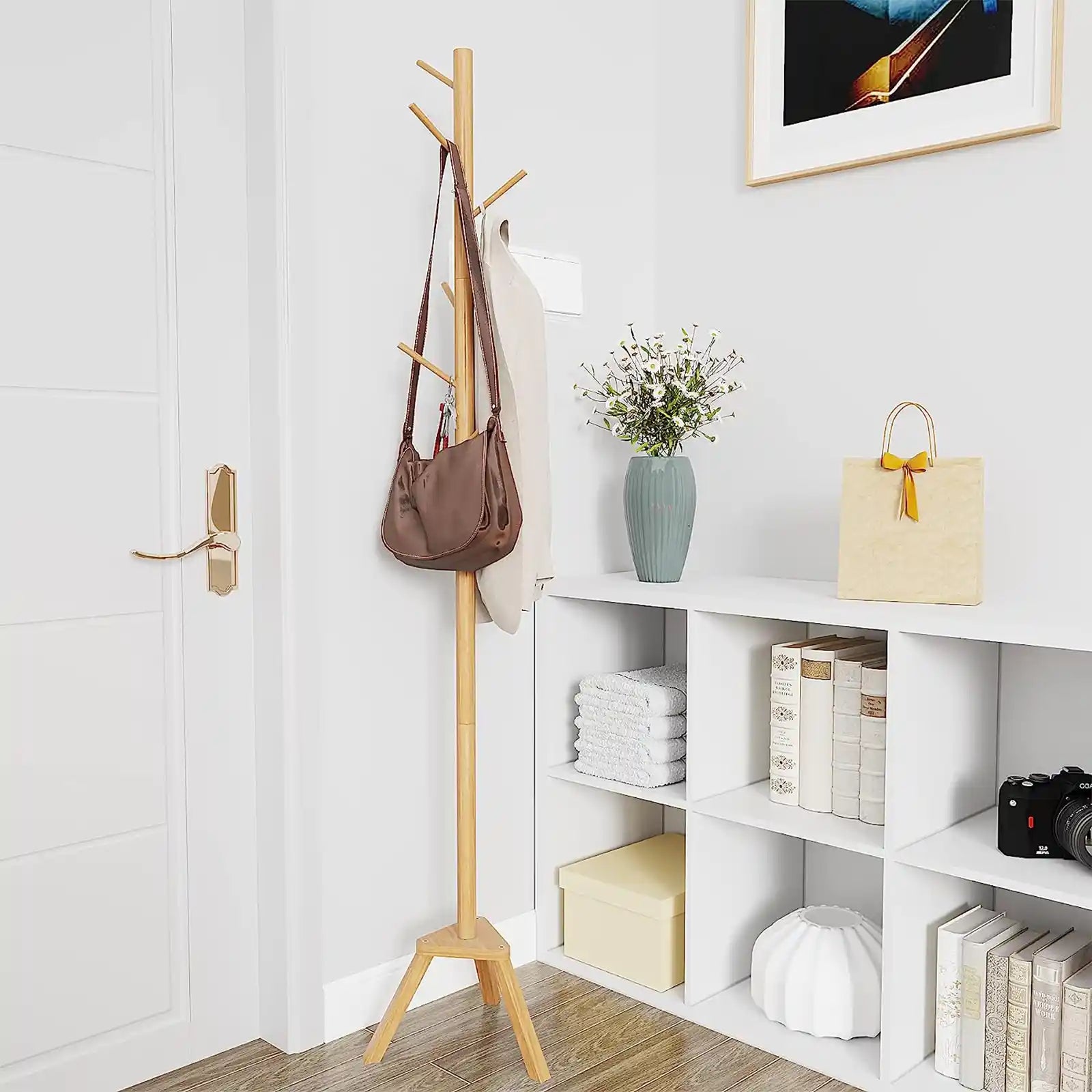 Coat Rack Stand, Premium Bamboo Free Standing Coat Rack with 6 Hooks, Easy Installation Clothes Hanger Stand,